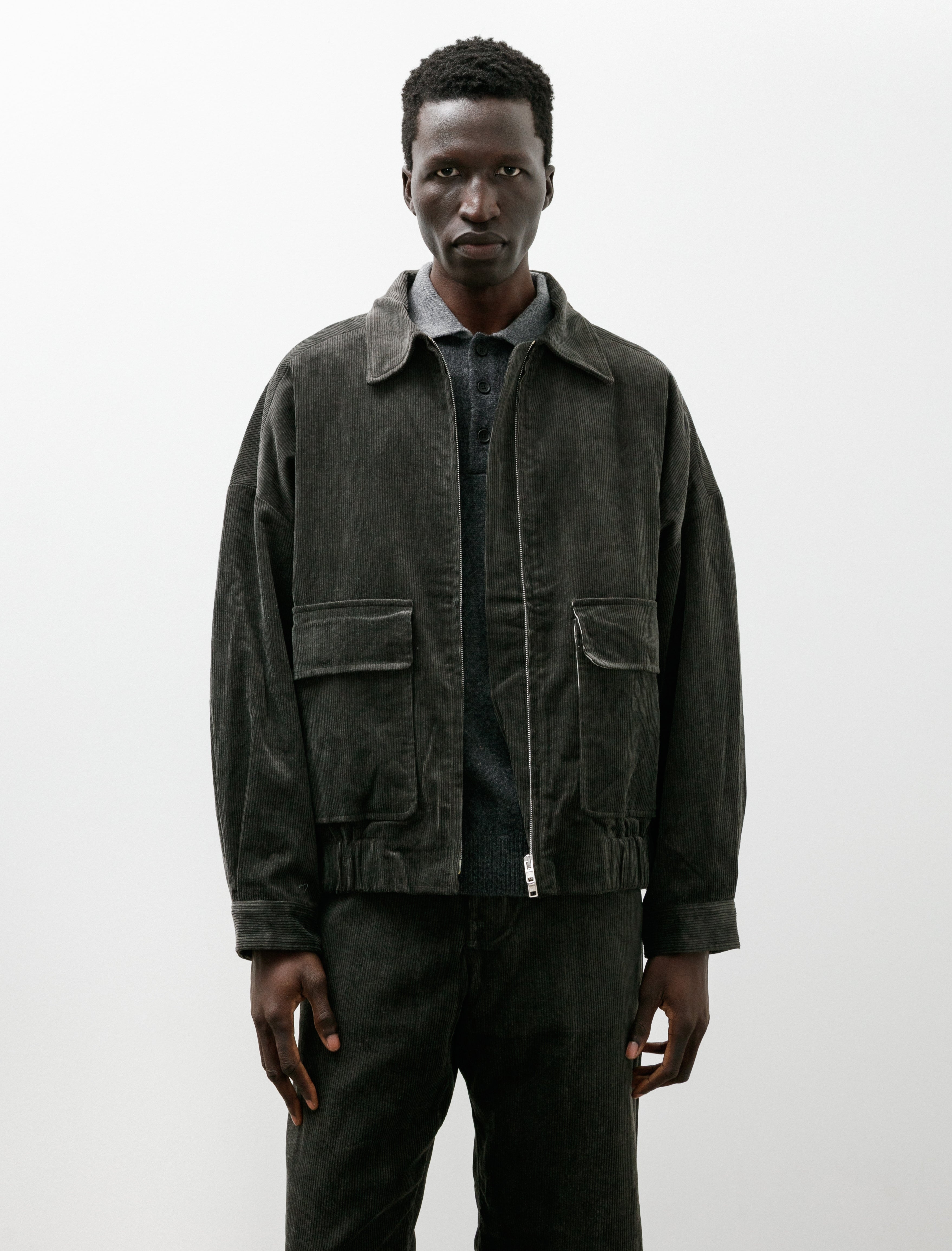 Evan Kinori Zip Jacket Two Carbon Dyed Corduroy Charcoal