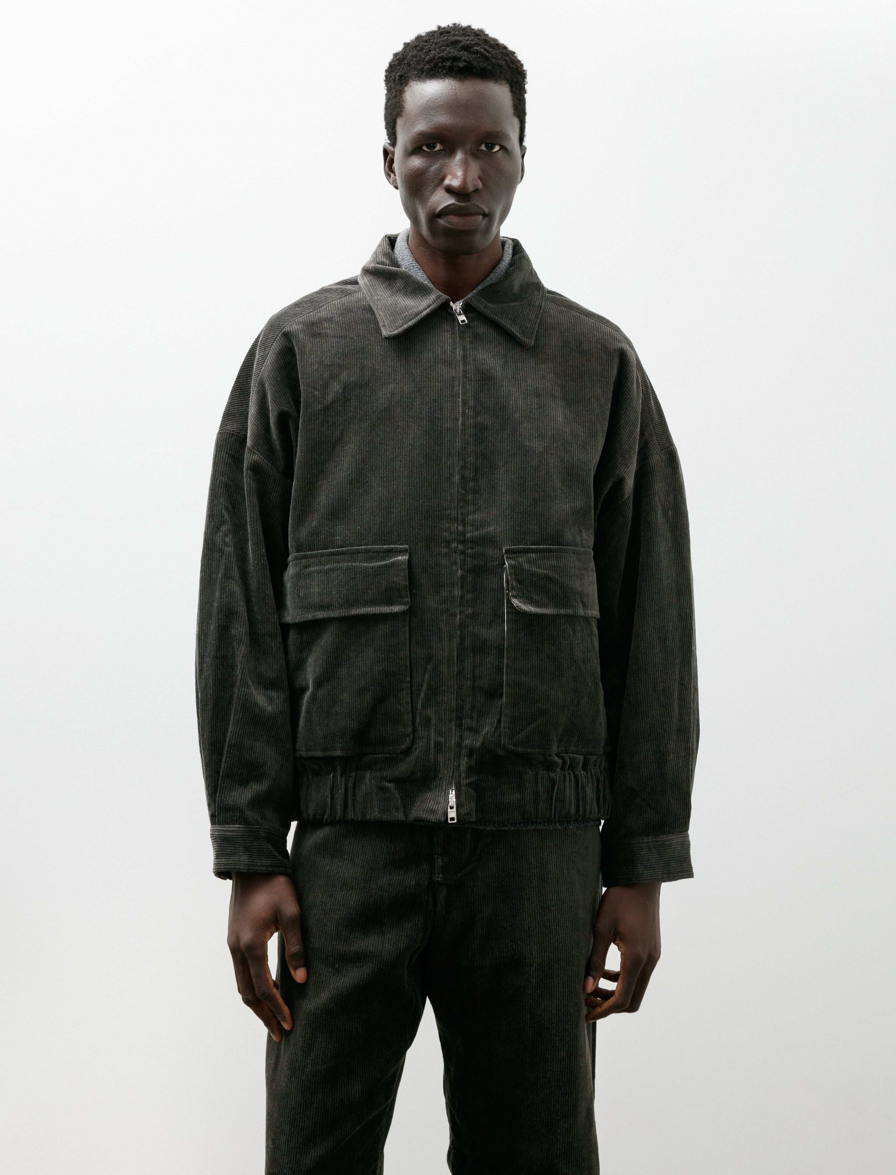 Evan Kinori Zip Jacket Two Carbon Dyed Corduroy Charcoal