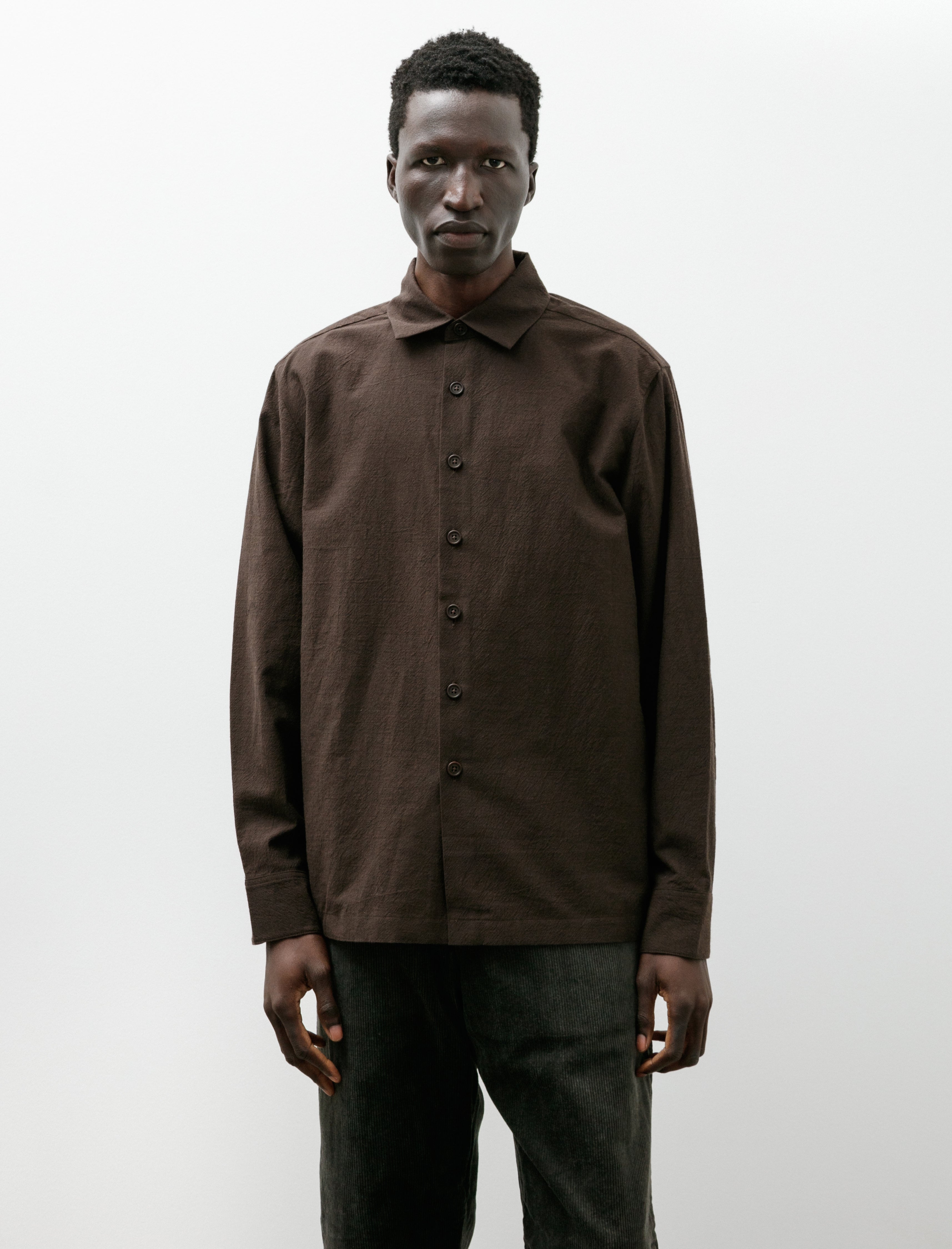 Evan Kinori Flat Hem Shirt Yarn Dyed Cotton Yak Brown Black