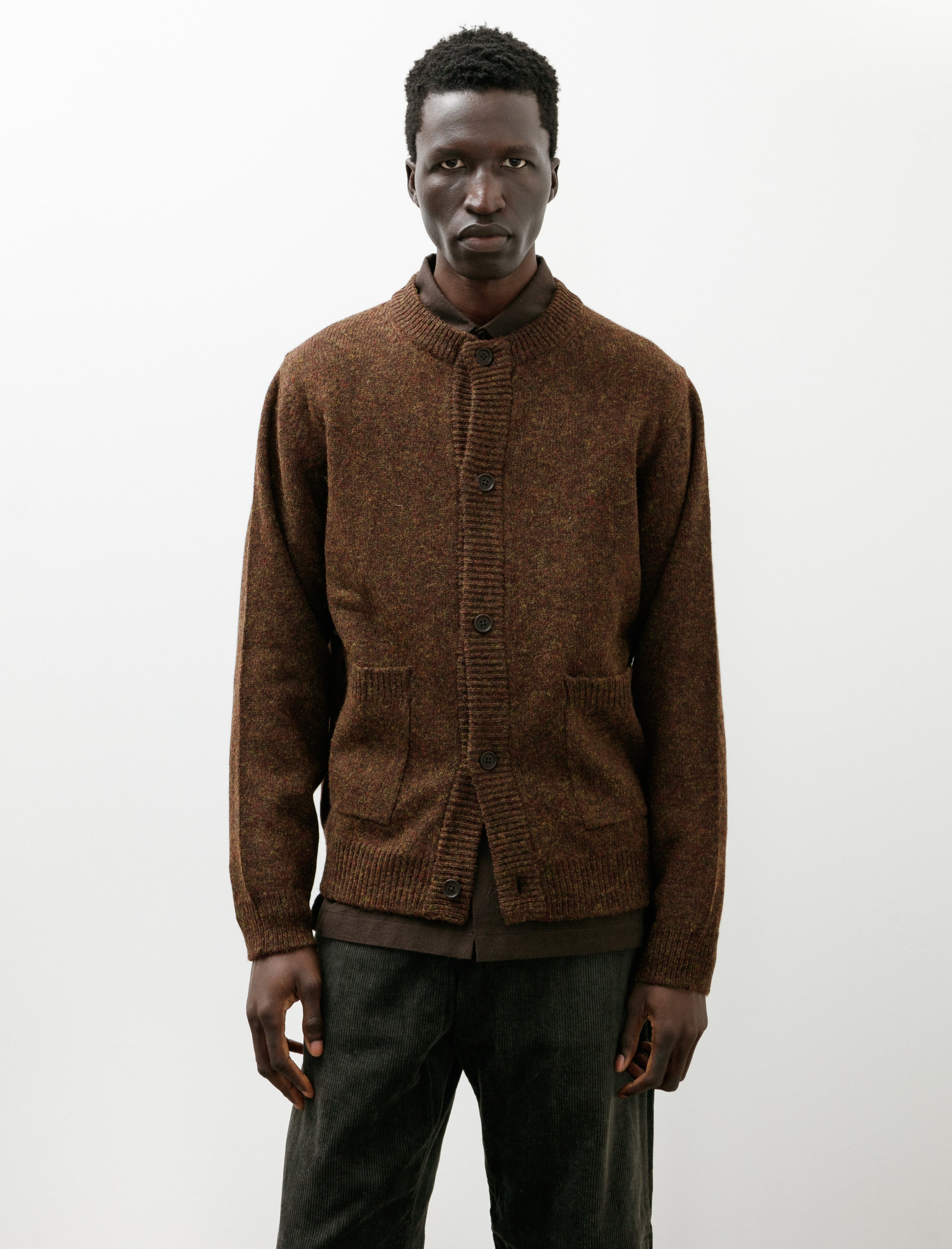 Evan Kinori Crewneck Cardigan Top Dyed Wool Dark Olive
