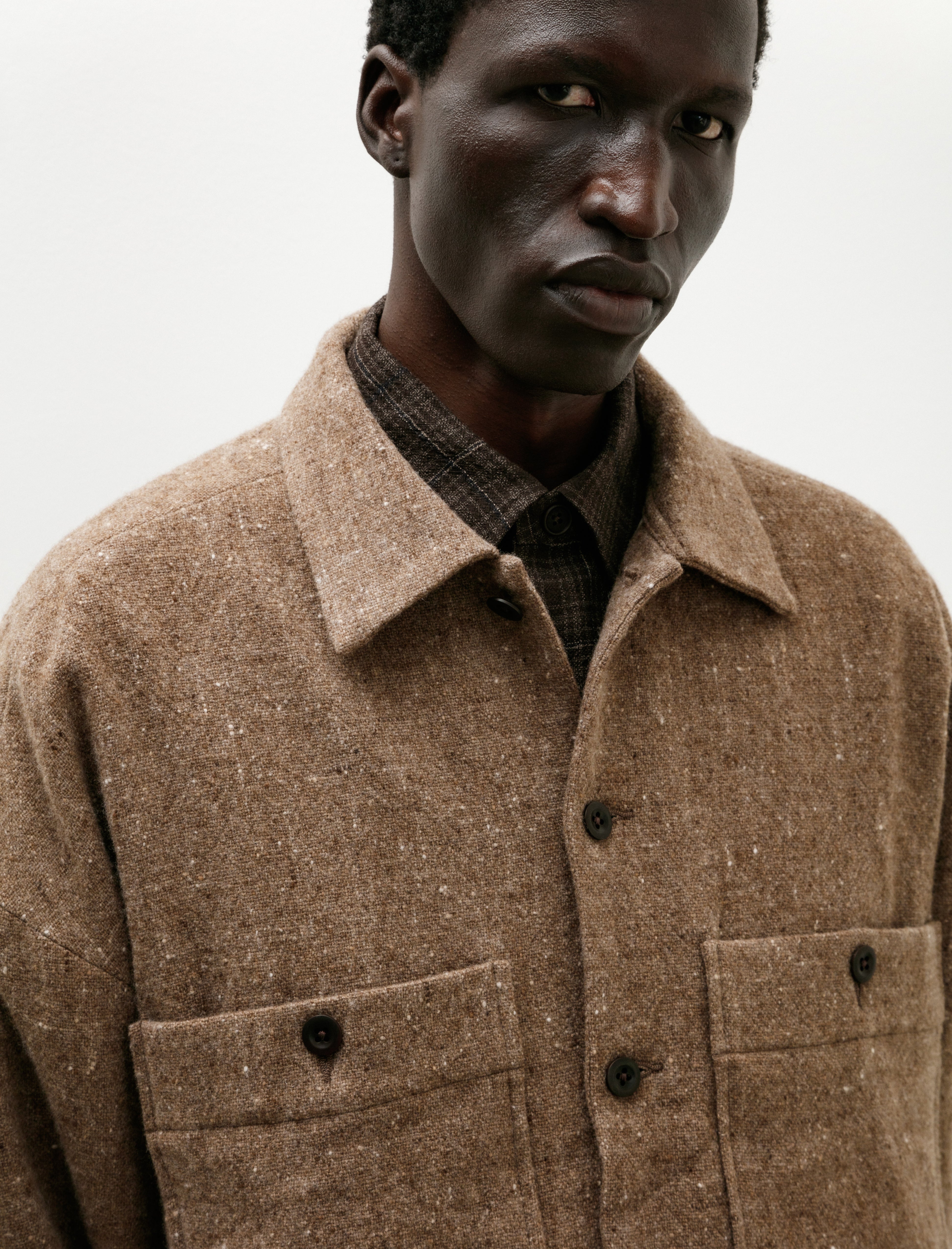 Evan Kinori Field Shirt Two Undyed Wool Tweed Dark Beige