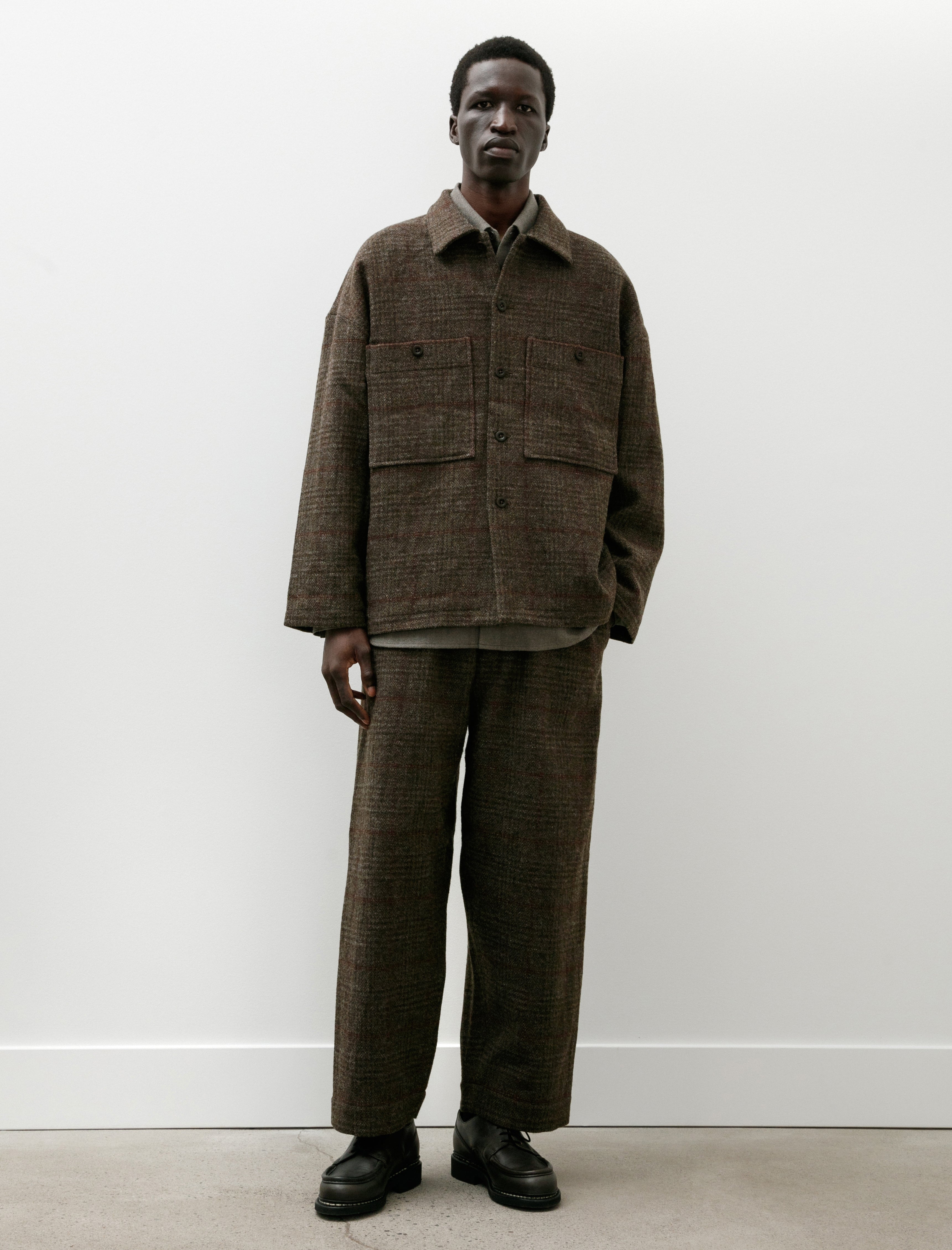 Evan Kinori Field Shirt Two Wool Herringbone Check Dark Olive/Charcoal