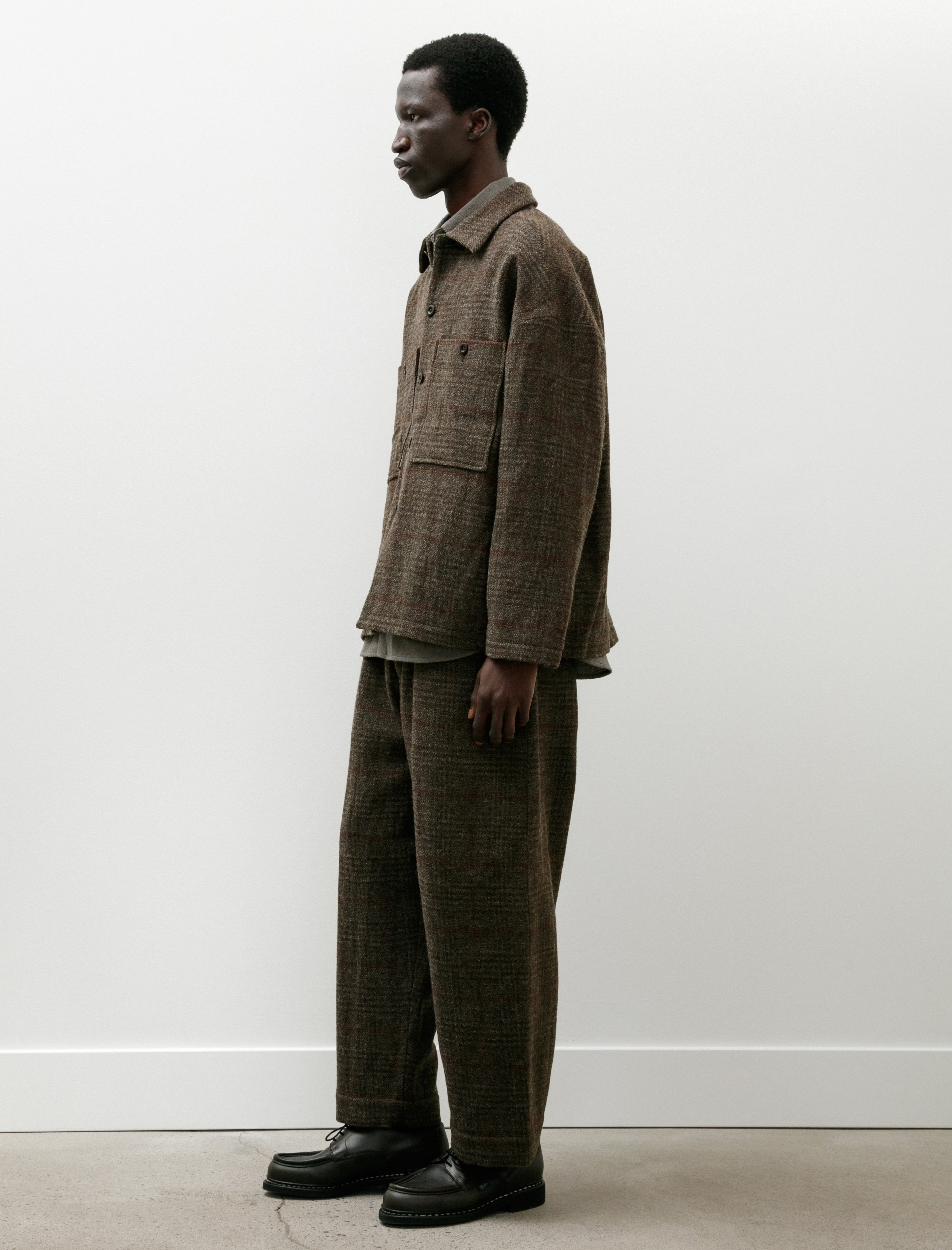 Evan Kinori Two Pleat Pant Wool Herringbone Check Dark Olive/Charcoal