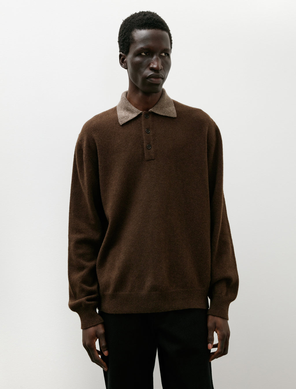 Evan Kinori Knit Polo Undyed Yak Wool Light Brown Dark Brown