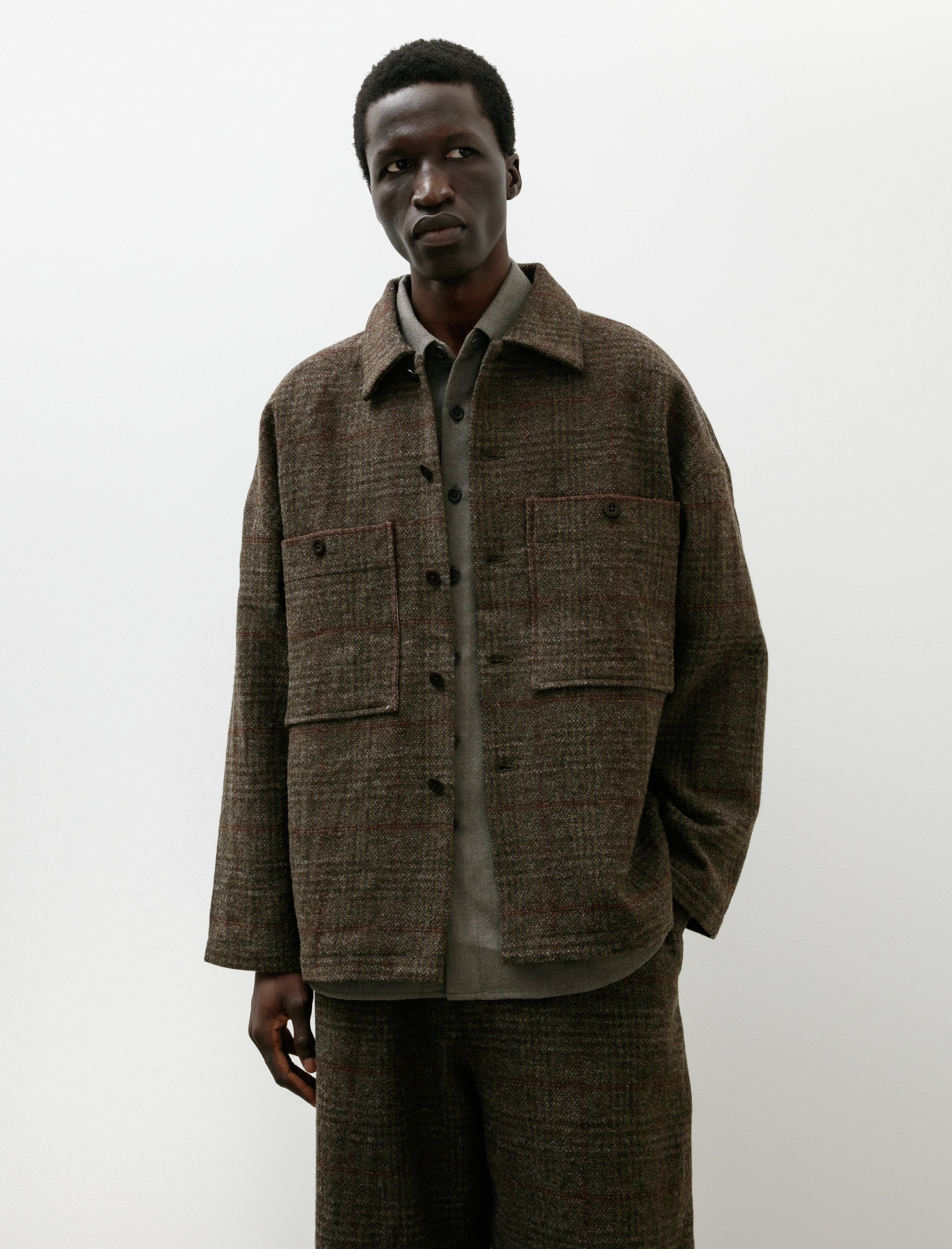 Evan Kinori Field Shirt Two Wool Herringbone Check Dark Olive/Charcoal