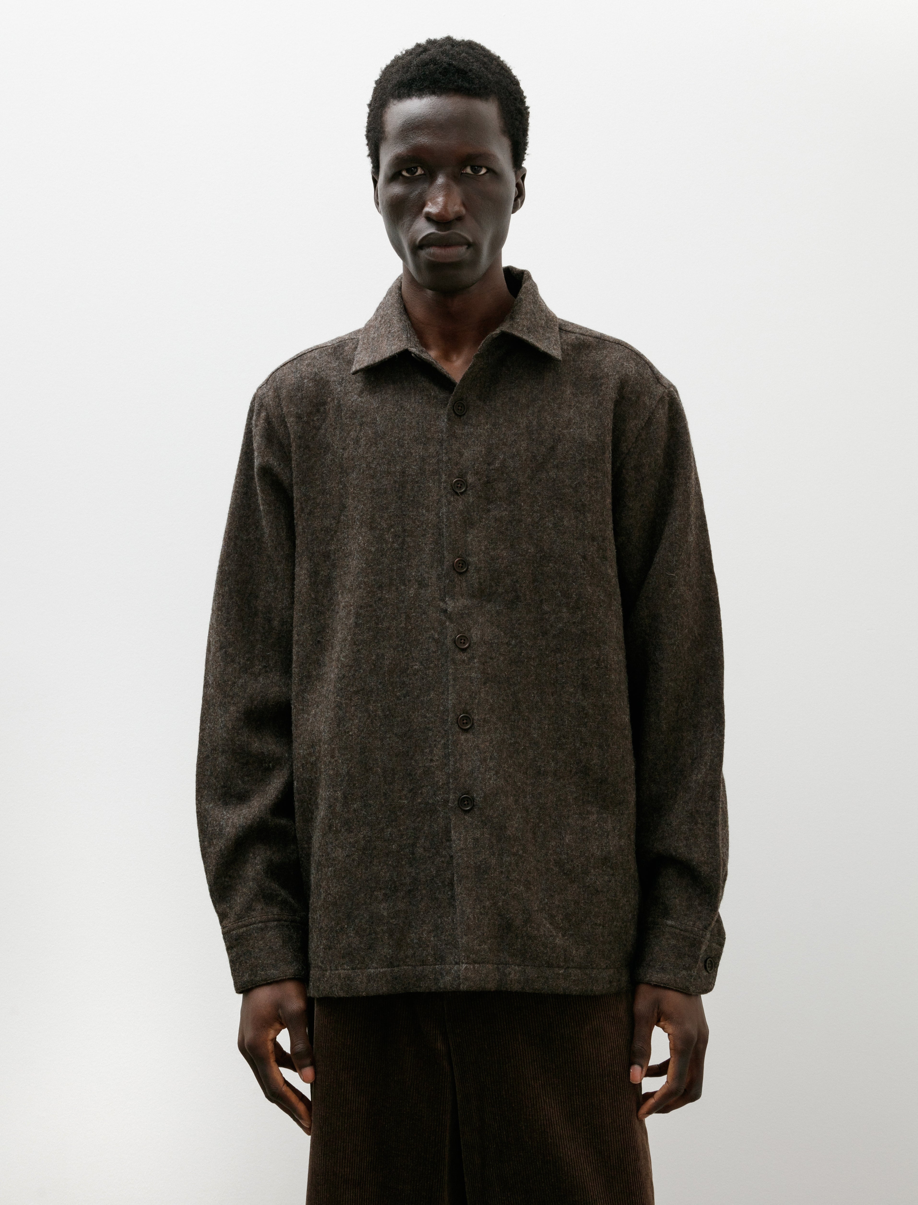 Evan Kinori Flat Hem Shirt Undyed Wool Herringbone Dark Brown