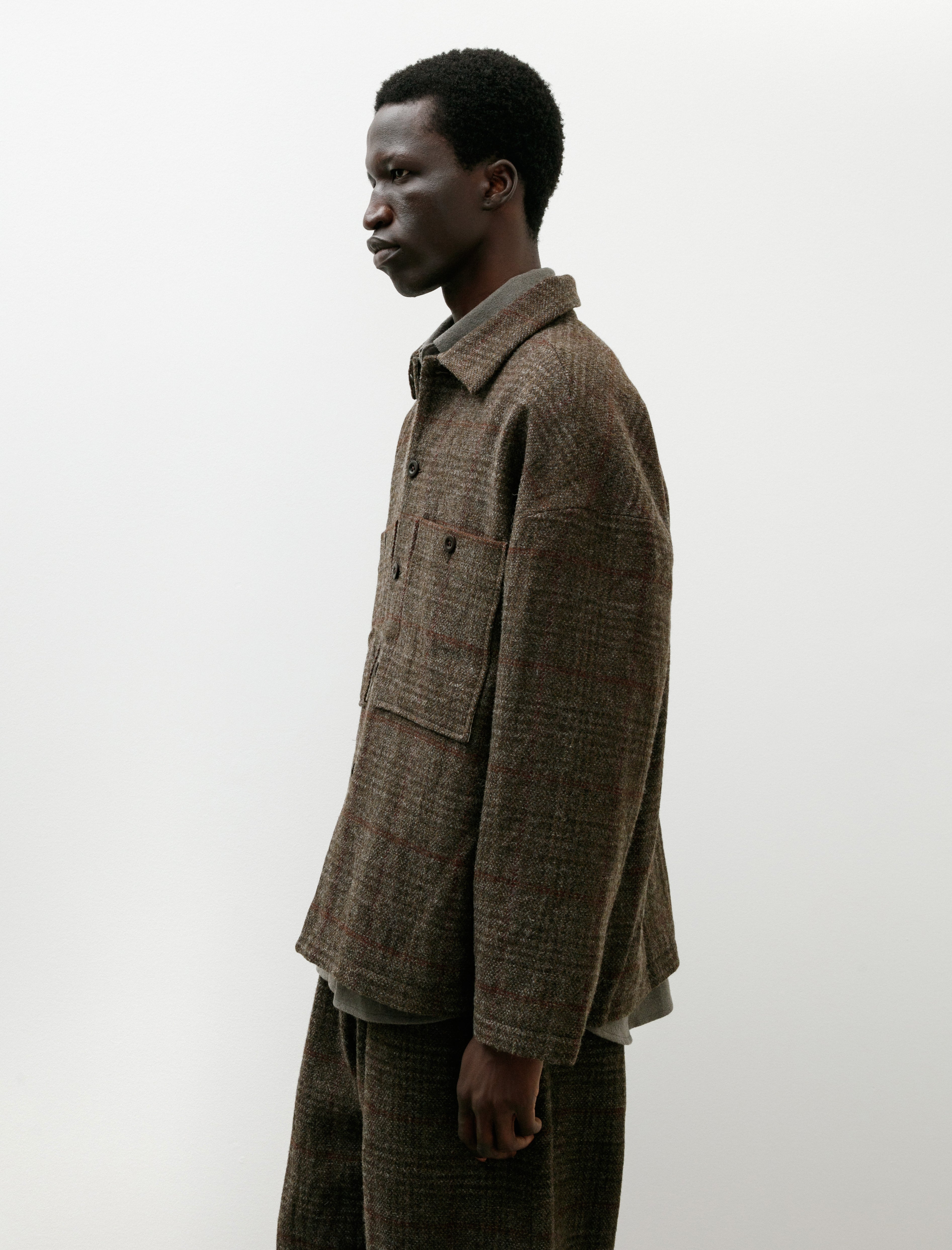 Evan Kinori Field Shirt Two Wool Herringbone Check Dark Olive/Charcoal