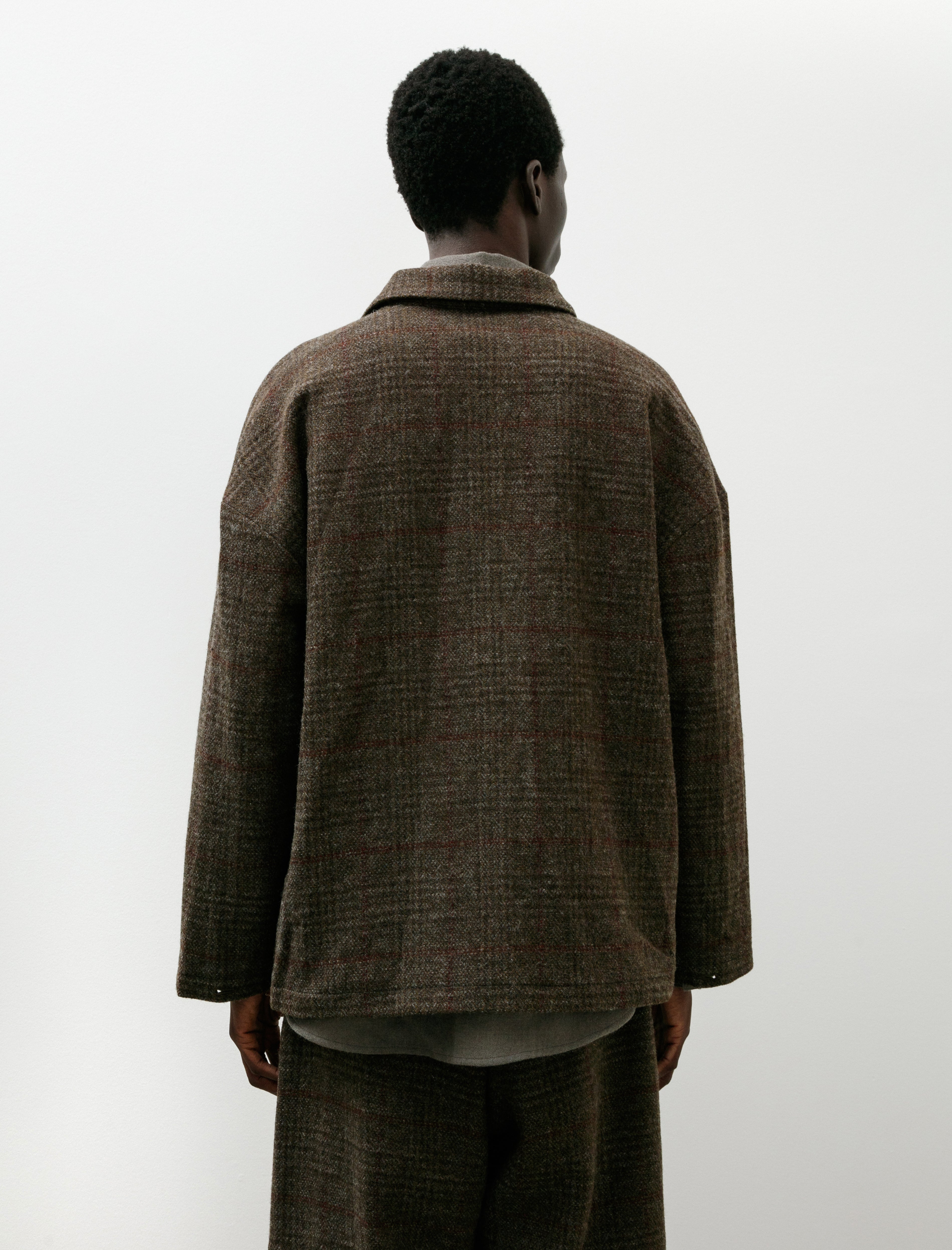 Evan Kinori Field Shirt Two Wool Herringbone Check Dark Olive/Charcoal
