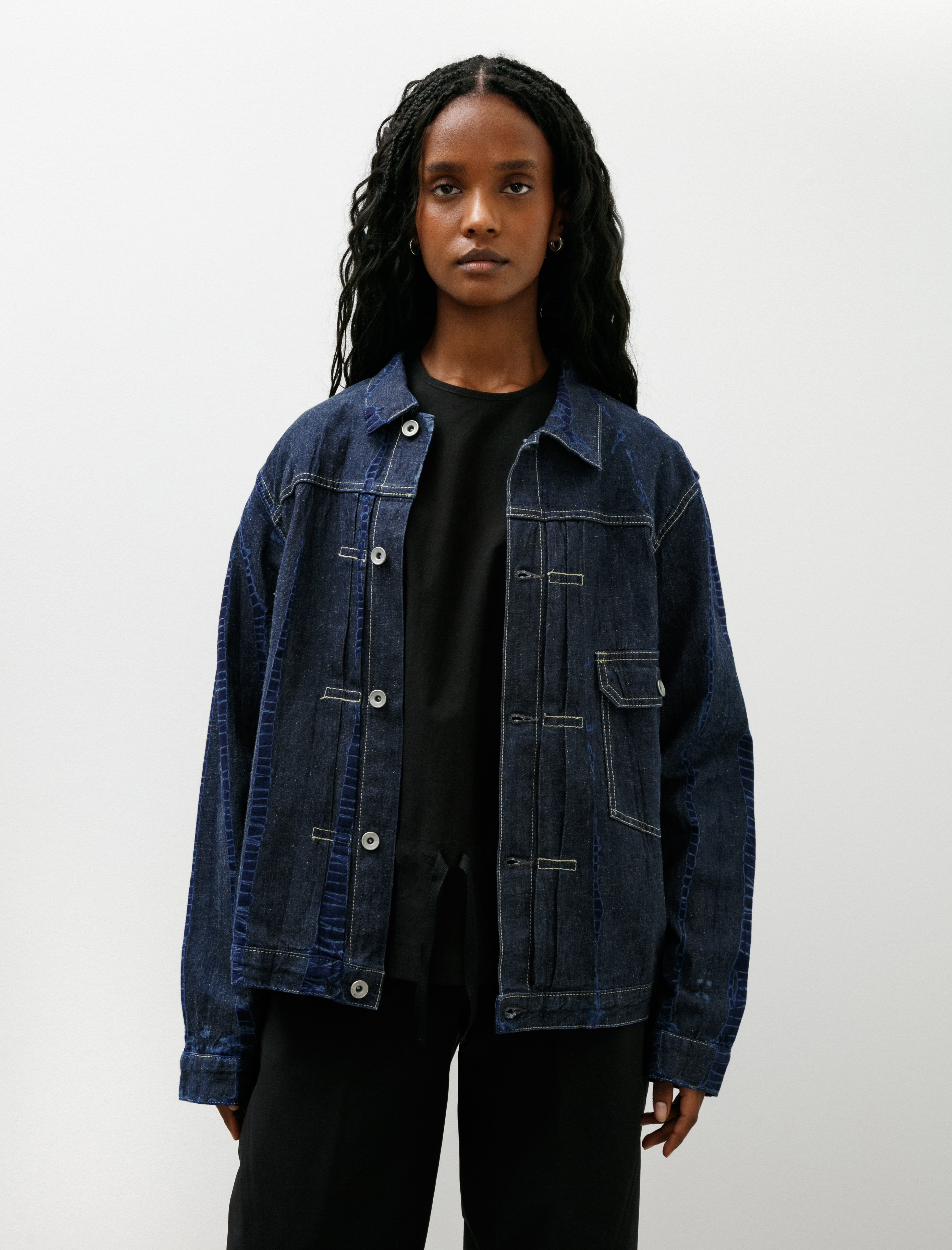 Suzusan Cotton Denim Jacket Tesuji Shibori Navy Indigo