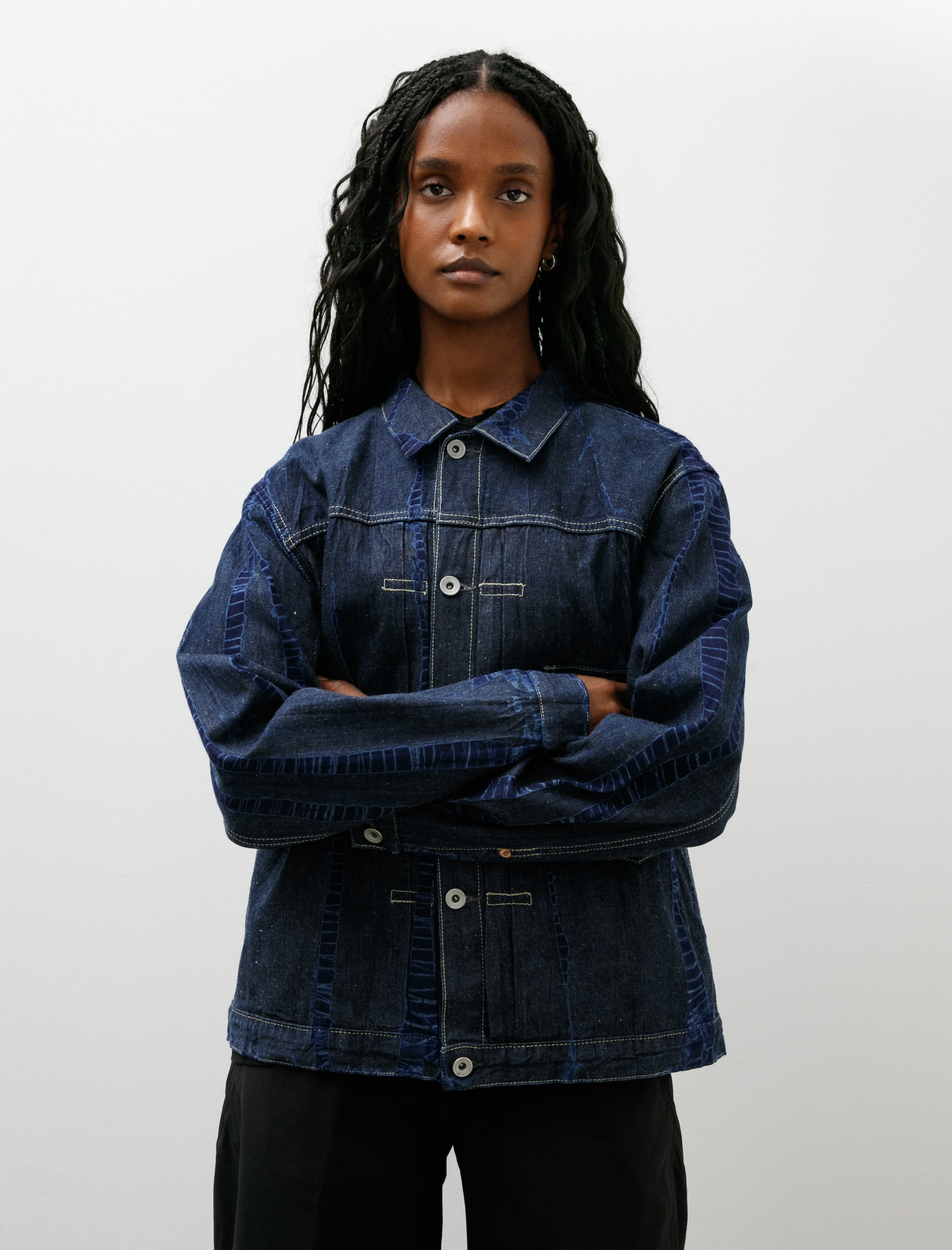 Suzusan Cotton Denim Jacket Tesuji Shibori Navy Indigo