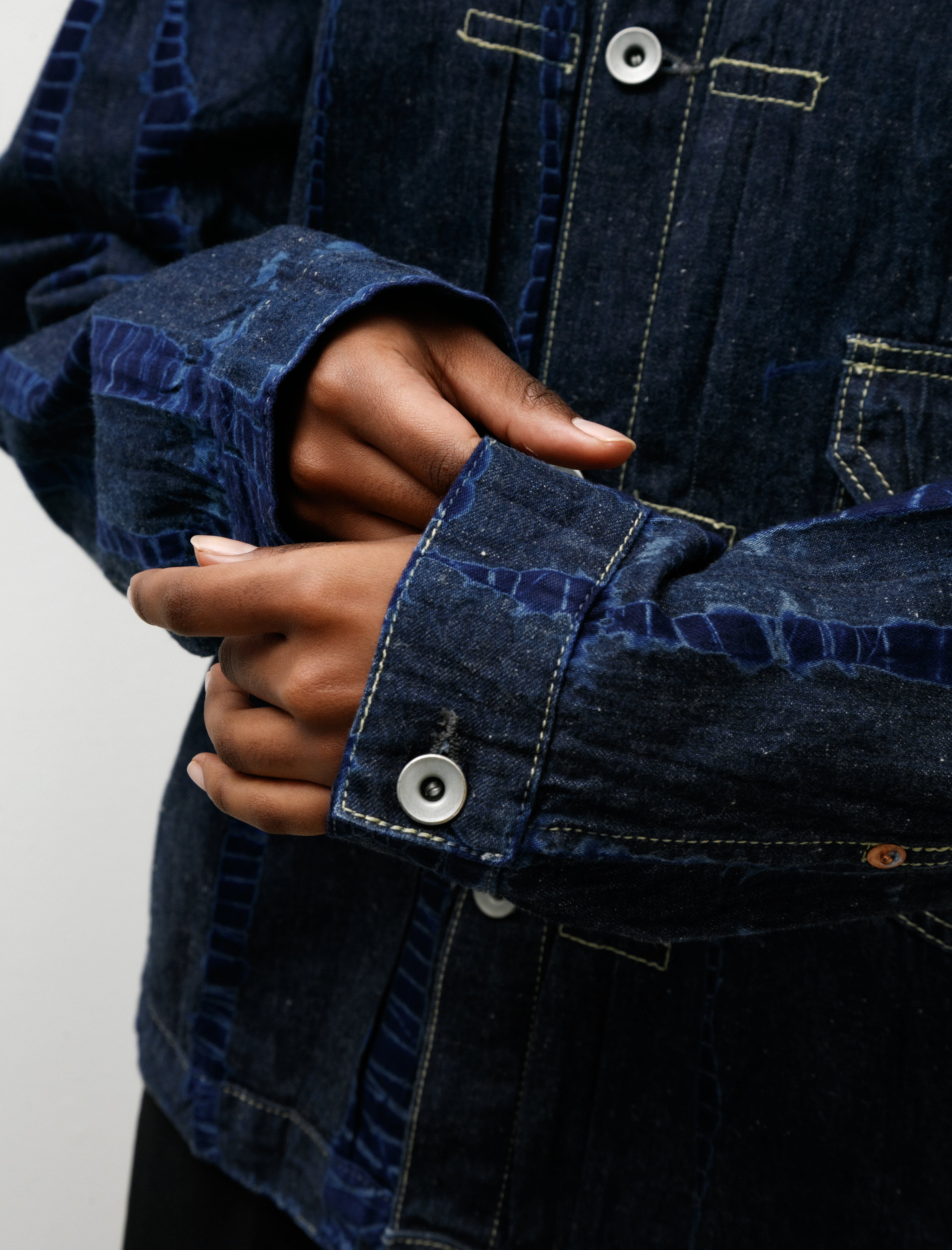 Suzusan Cotton Denim Jacket Tesuji Shibori Navy Indigo