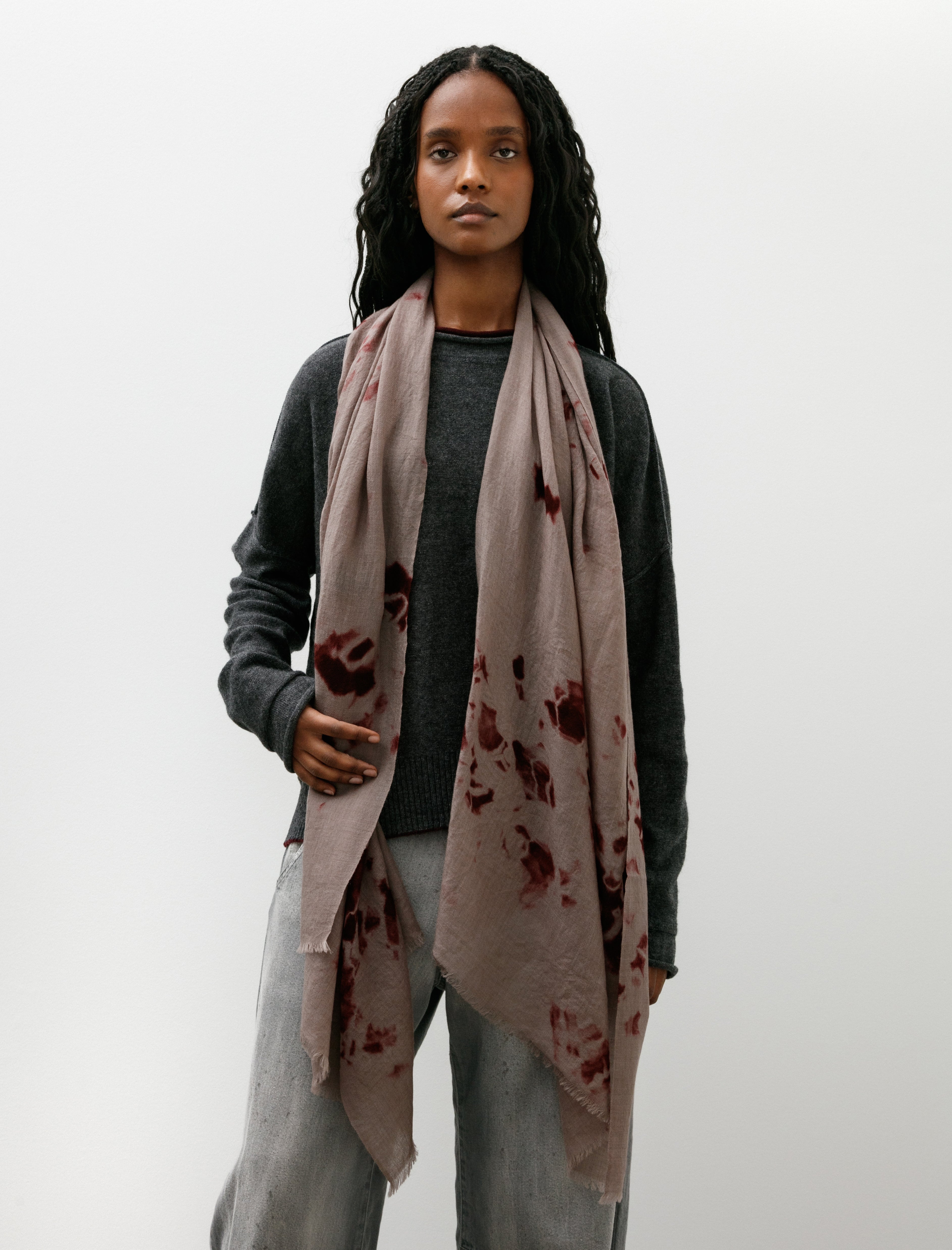 Suzusan Hand Woven Baby Wool Shawl Madara Shibori Dark Purple Coffee