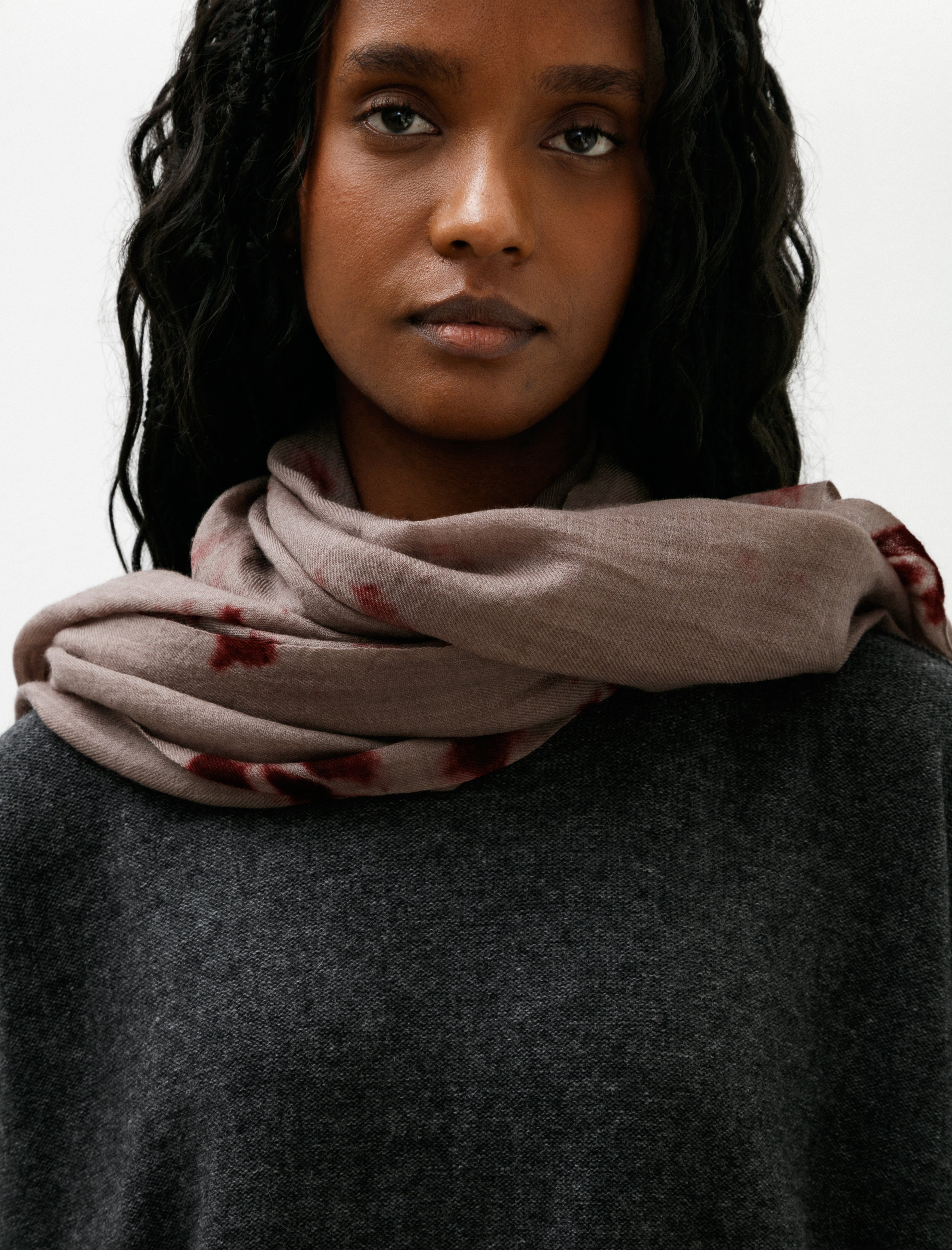 Suzusan Hand Woven Baby Wool Shawl Madara Shibori Dark Purple Coffee