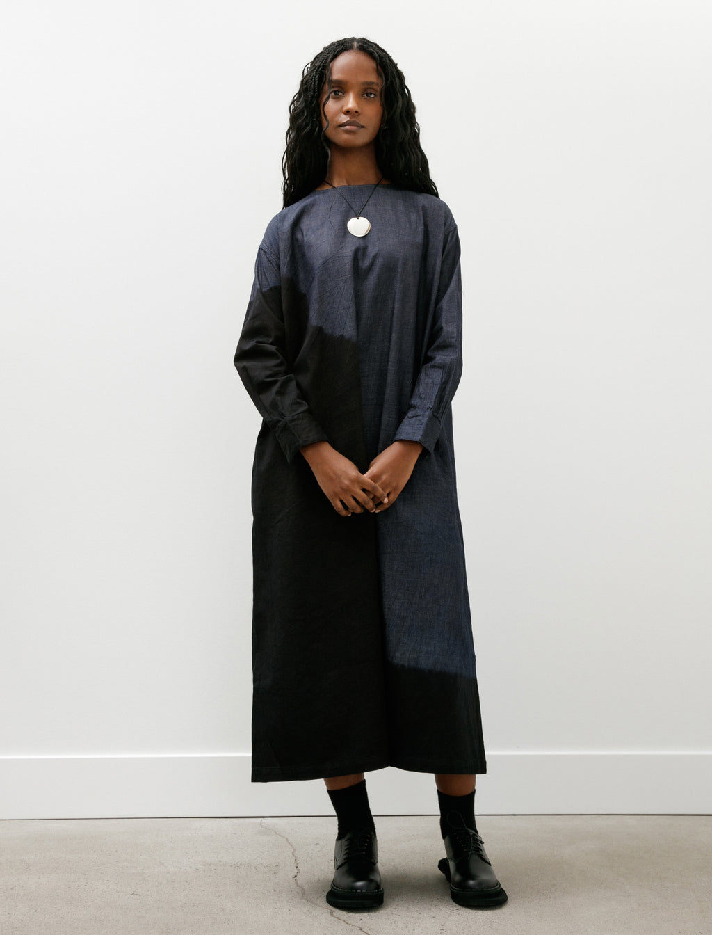 Suzusan Pima Cotton Denim Wide Pullover Dress Boushi Shibori Black