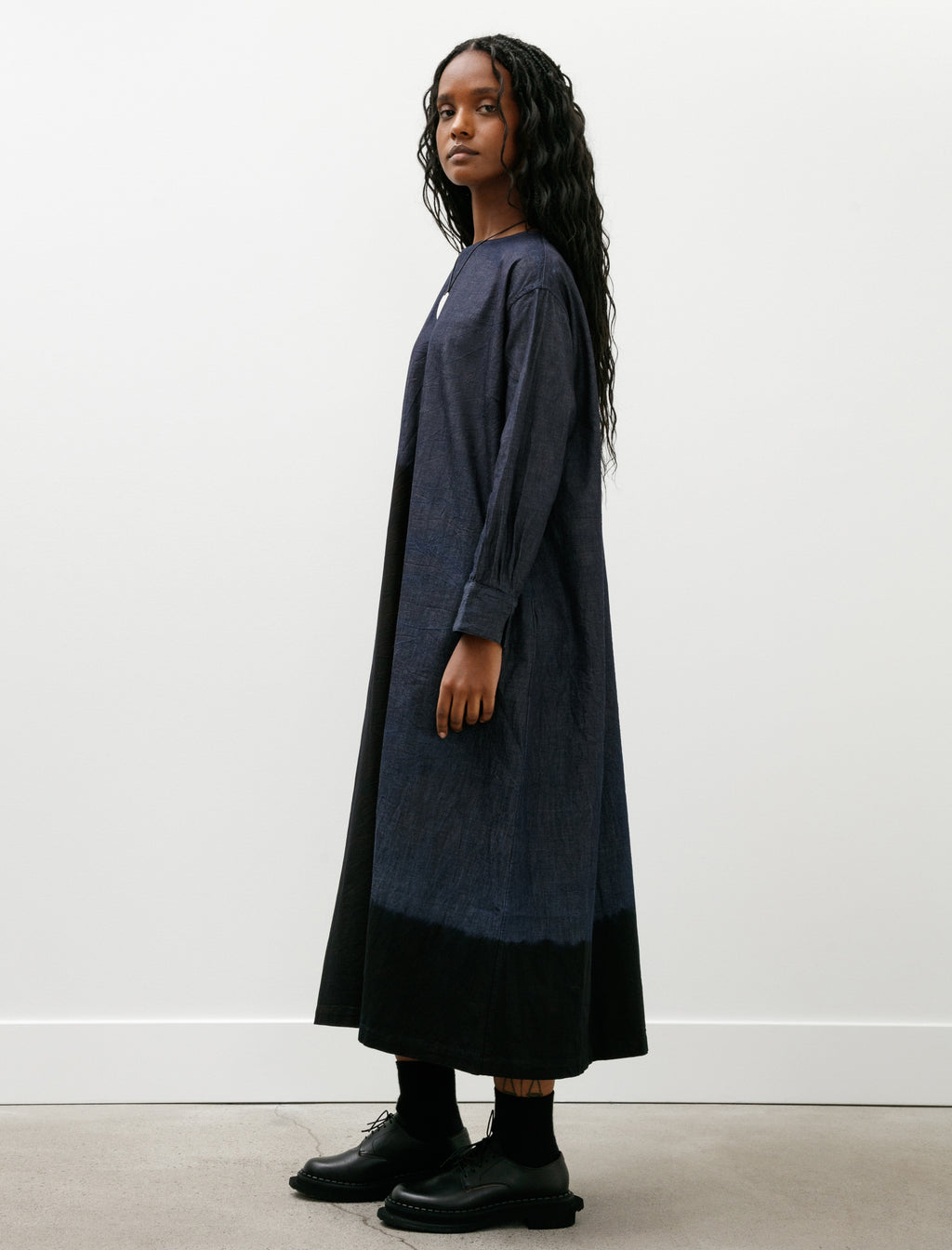 Suzusan Pima Cotton Denim Wide Pullover Dress Boushi Shibori Black
