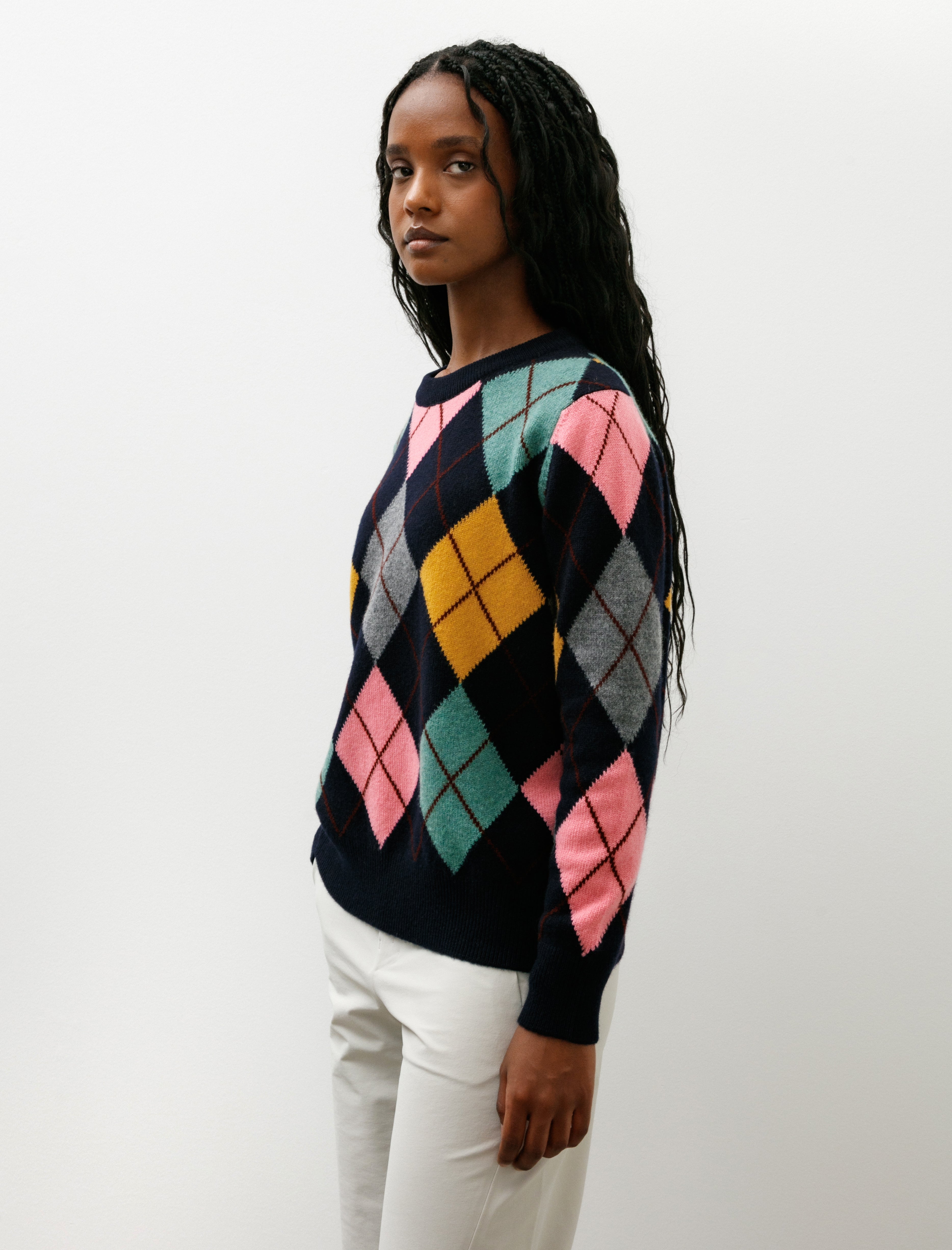& Daughter Argyle Slouch Crewneck Navy with Pink