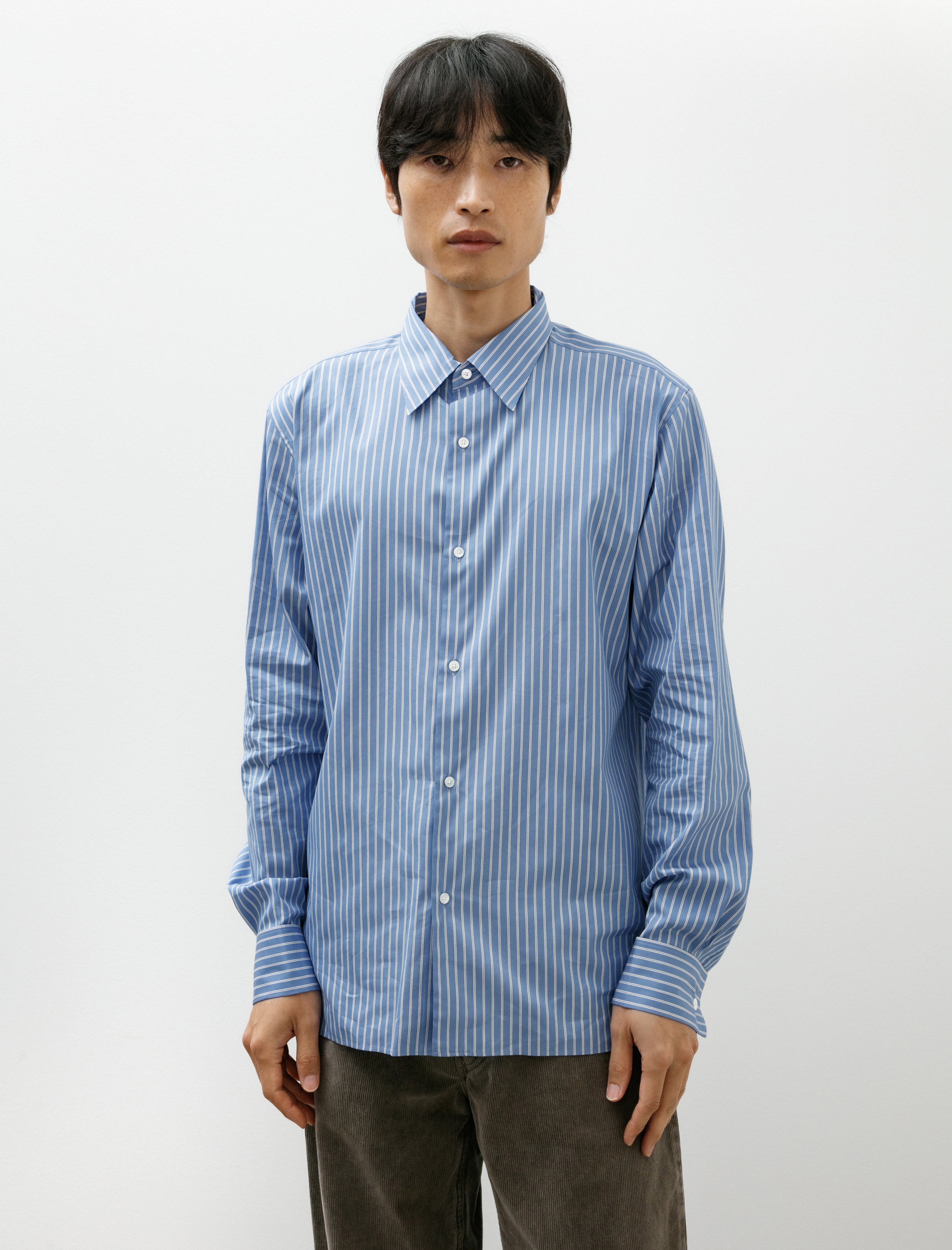 Auralee Cotton Silk Stripe Double Cuff Shirt Blue Stripe