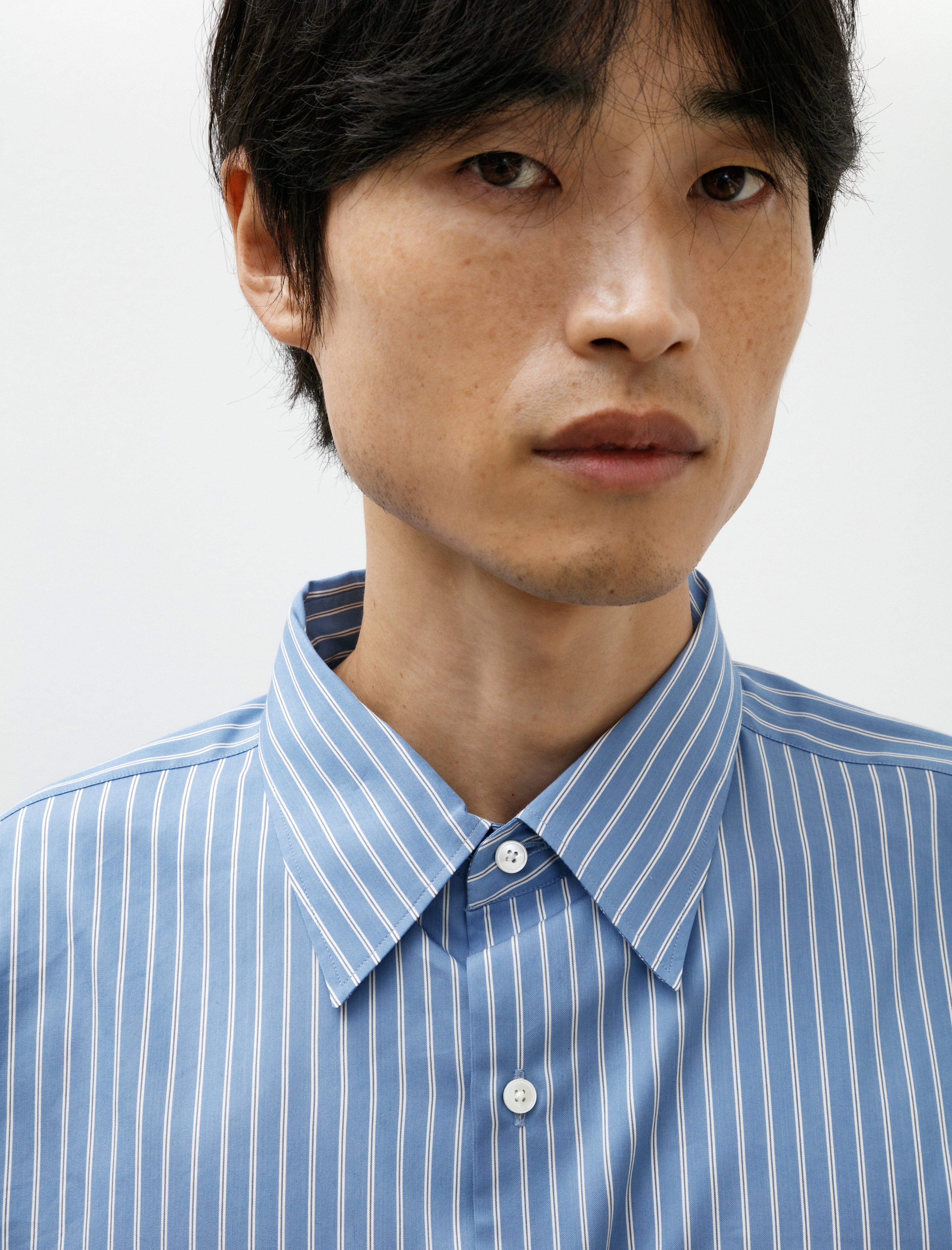 Auralee Cotton Silk Stripe Double Cuff Shirt Blue Stripe