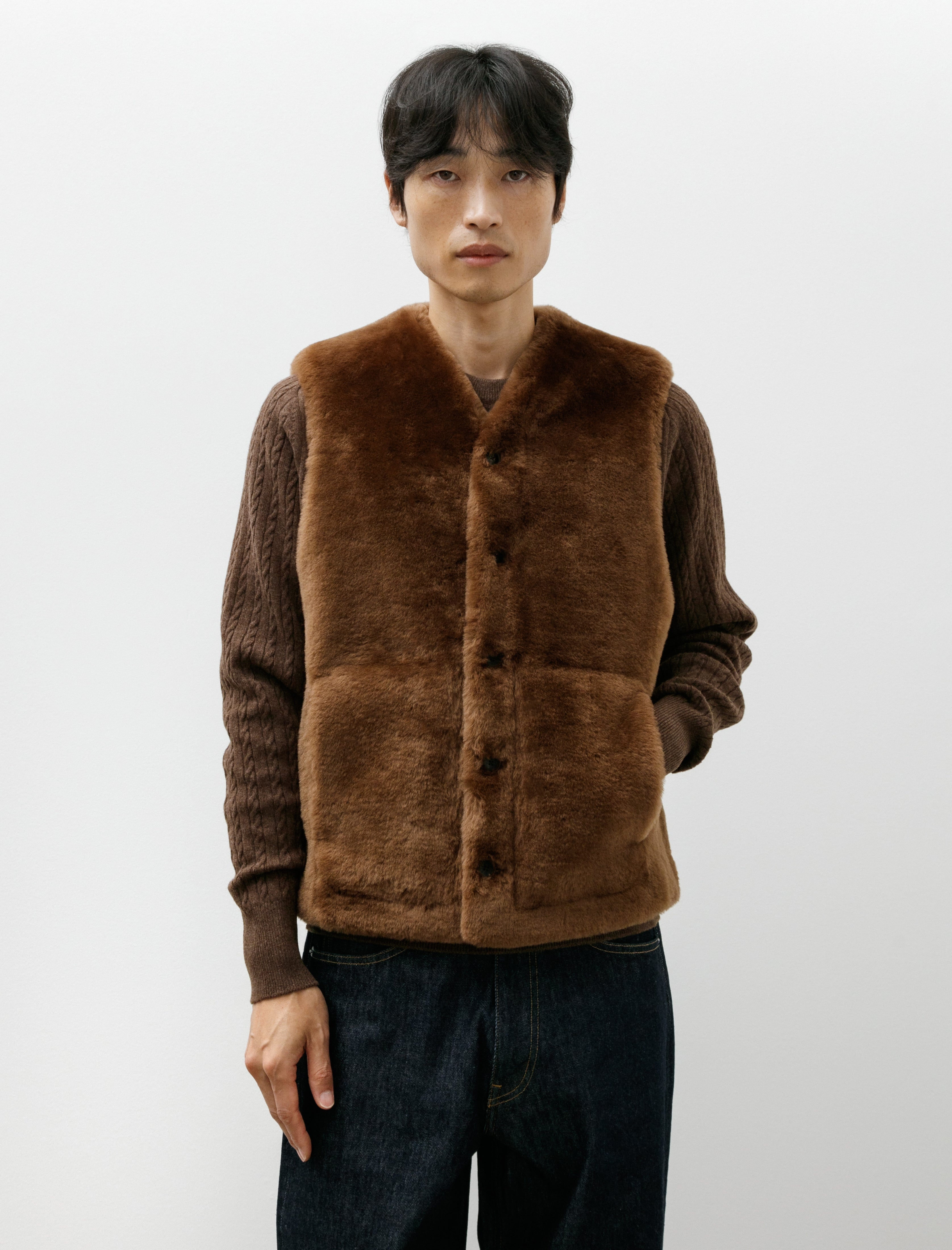 Auralee Straight Merino Mouton Shearling Vest Brown