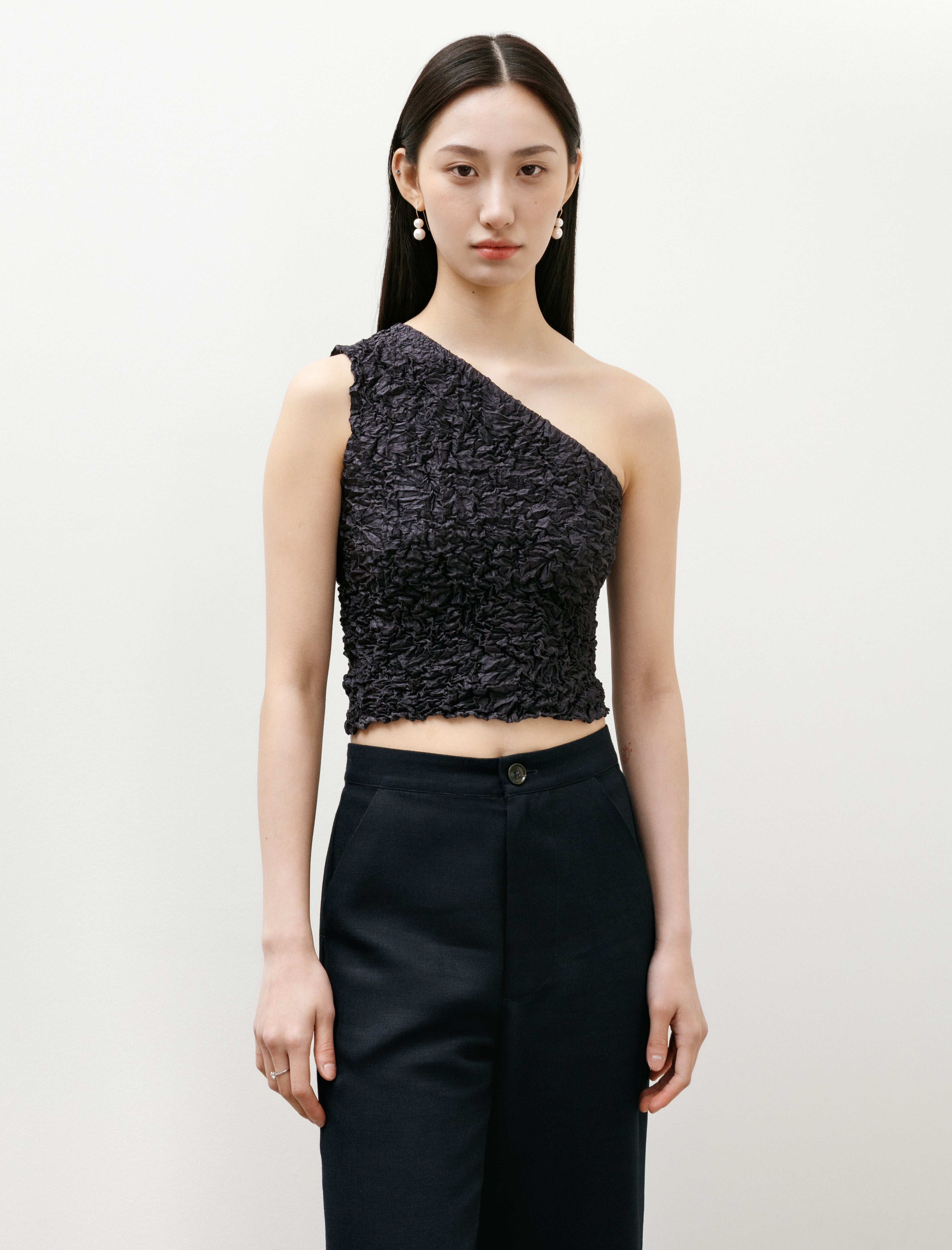 Azur Crumpled Silk One Shoulder Top Charcoal