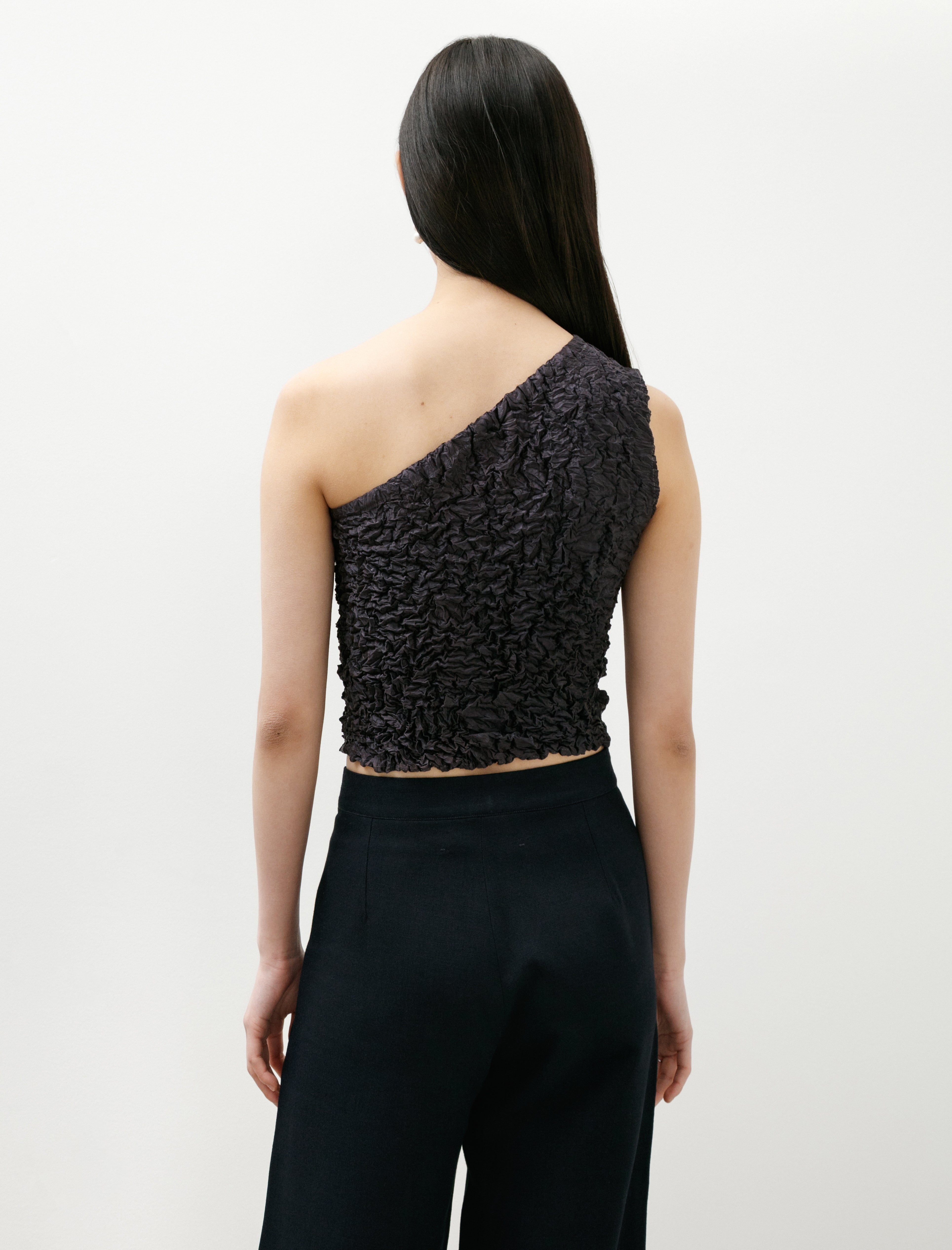 Azur Crumpled Silk One Shoulder Top Charcoal