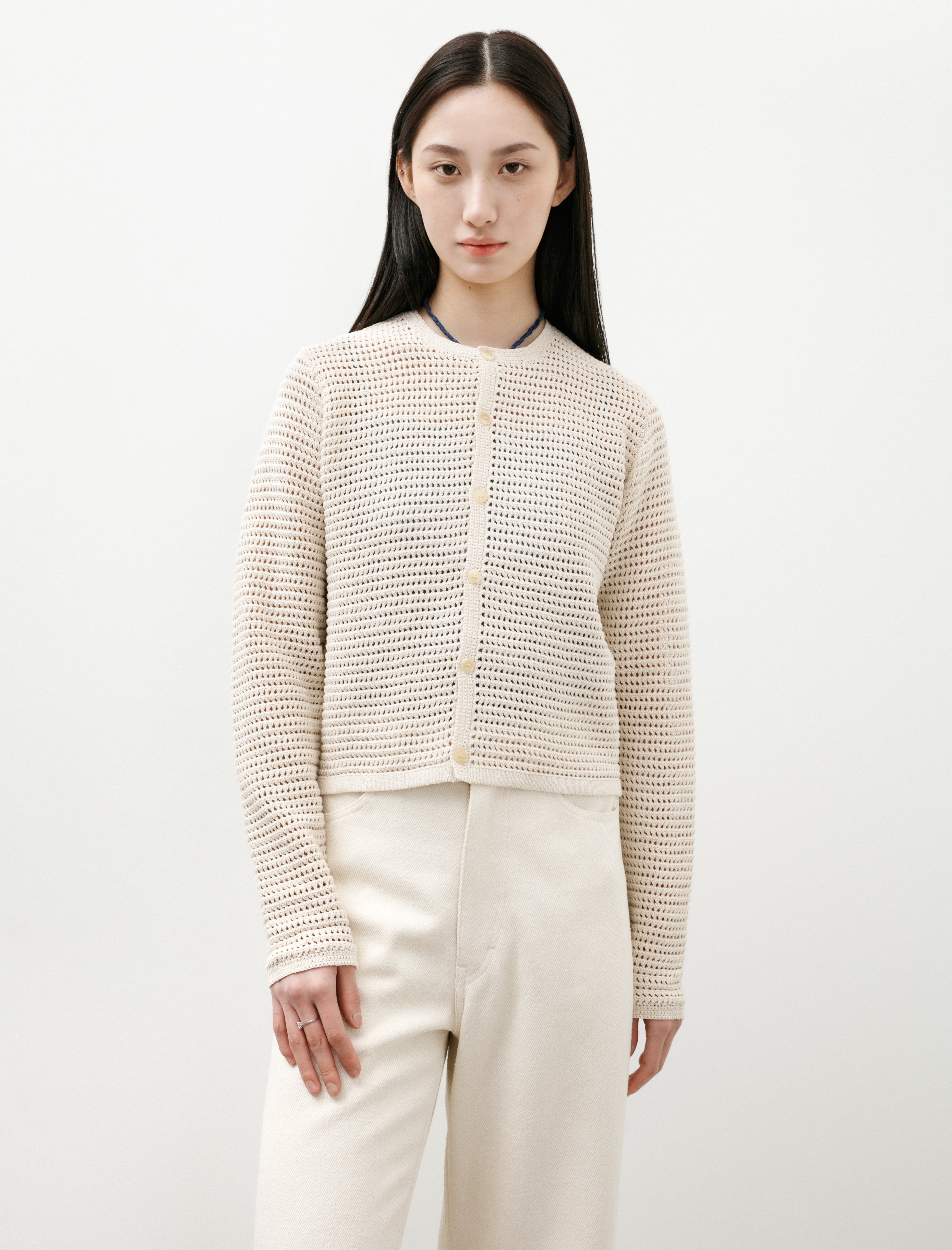 Auralee Tussah Silk Cotton Mesh Knit Cardigan Ivory