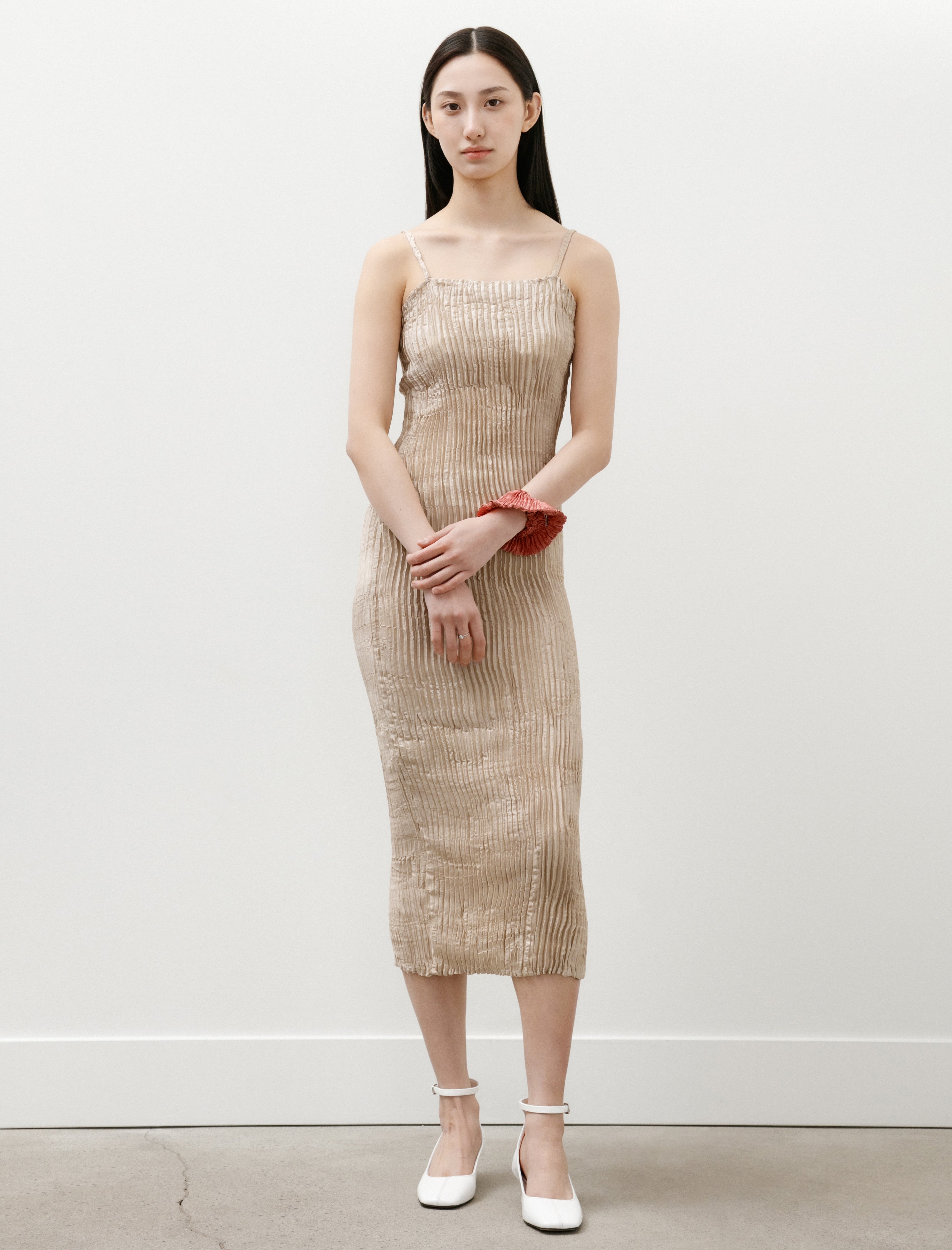 Azur Plissé Silk Tube Long Dress Stone