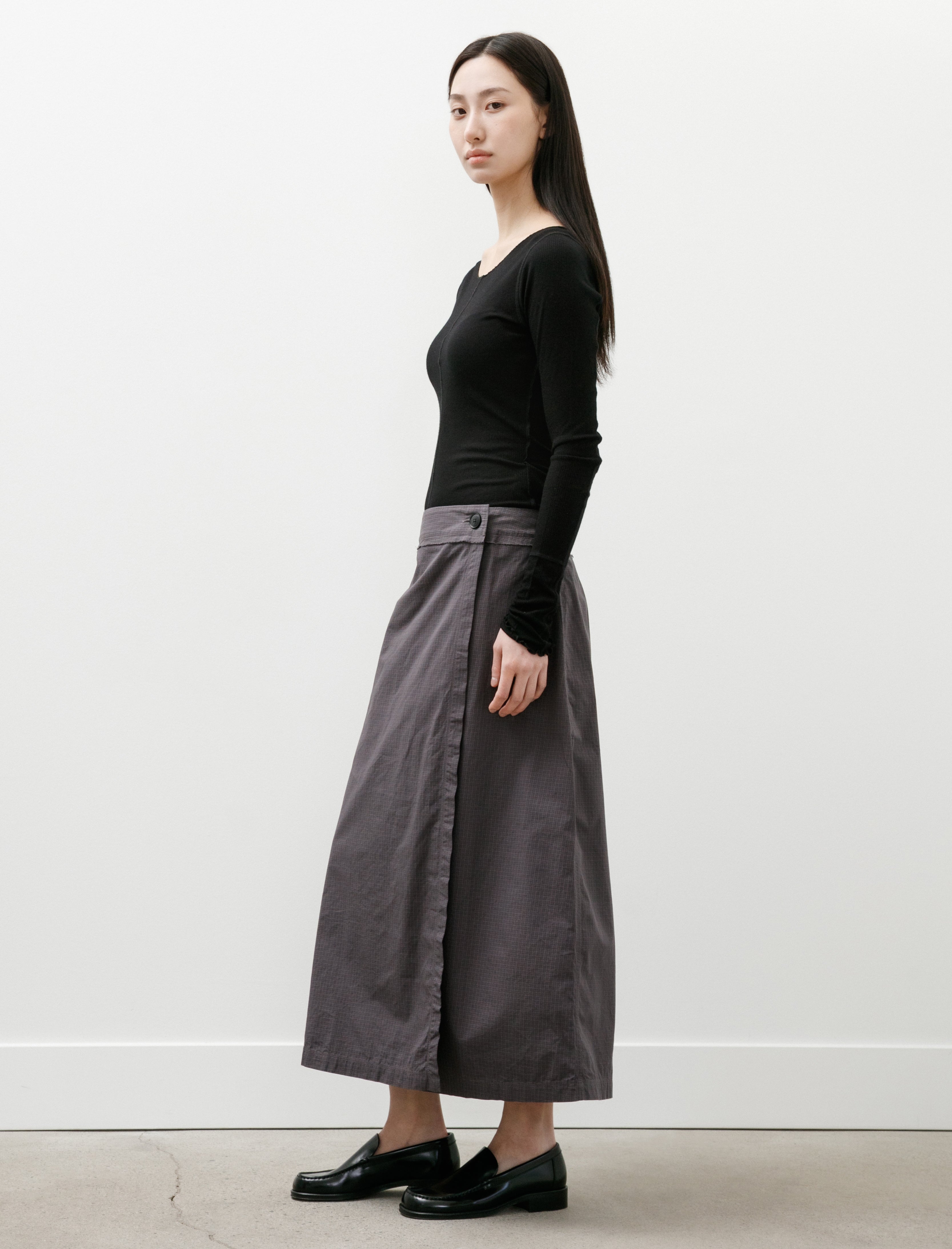 mfpen Classic Wrap Skirt Mushroom Micro Check Poplin
