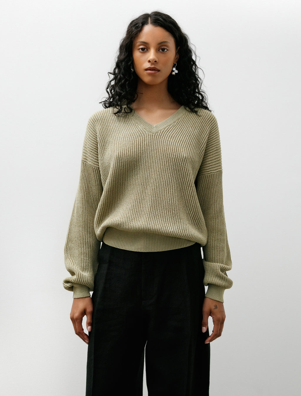 Cristaseya Ribbed V Neck Drop Shoulder Knit Light Khaki – Neighbour