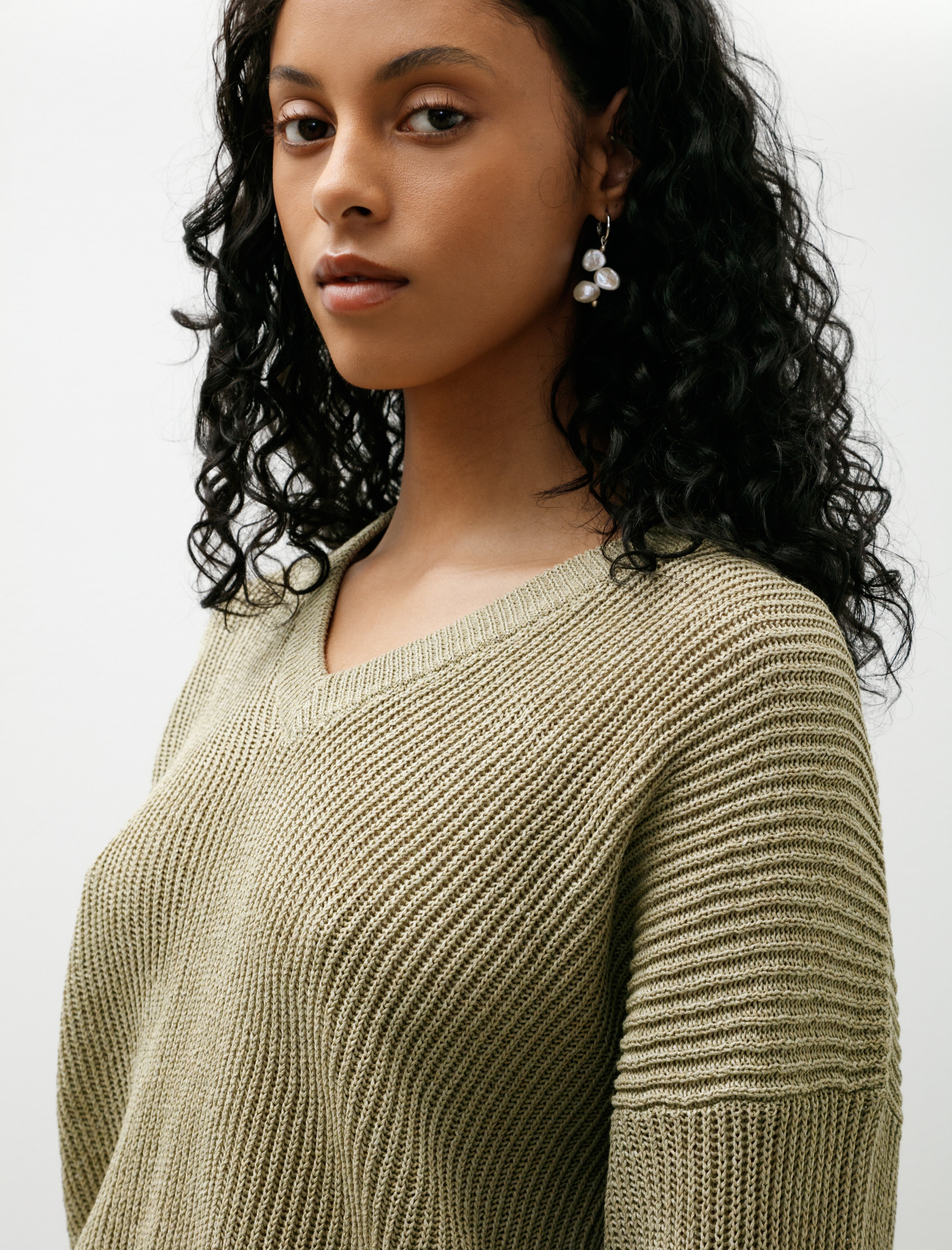 Cristaseya Ribbed V Neck Drop Shoulder Knit Light Khaki