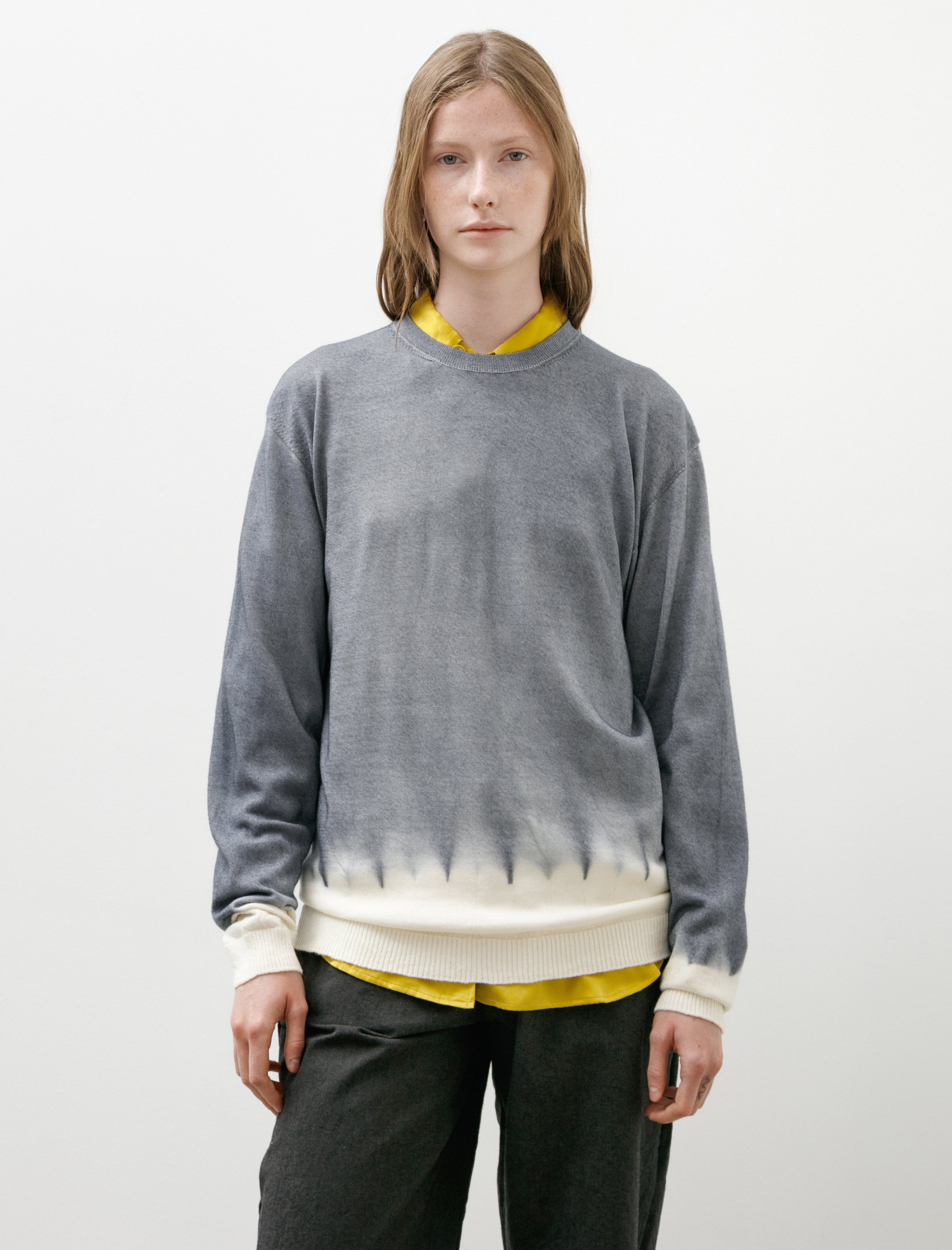 Suzusan Washable Merino Wool Crewneck Boushi Somewake Shibori Silver/Natural