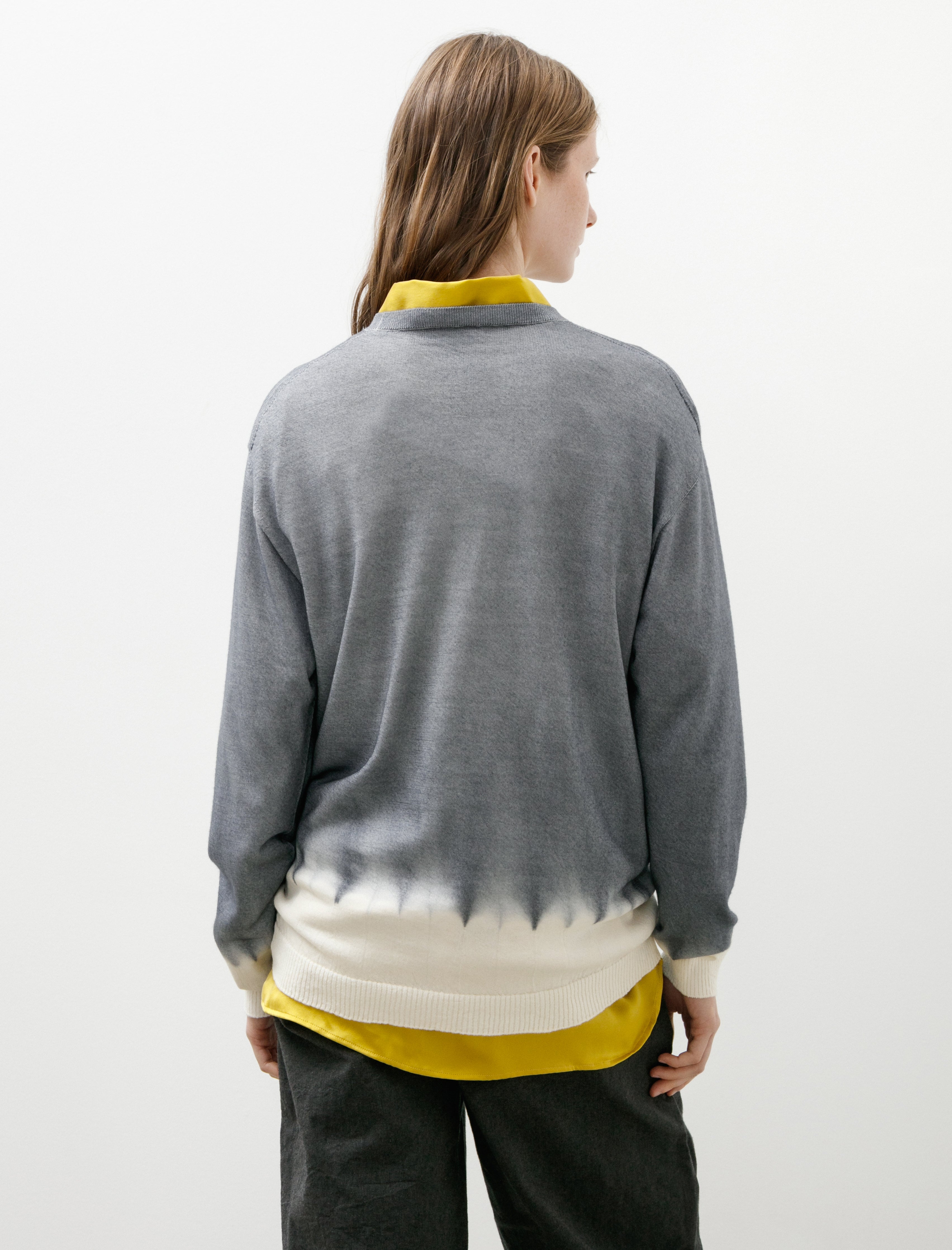Suzusan Washable Merino Wool Crewneck Boushi Somewake Shibori Silver/Natural