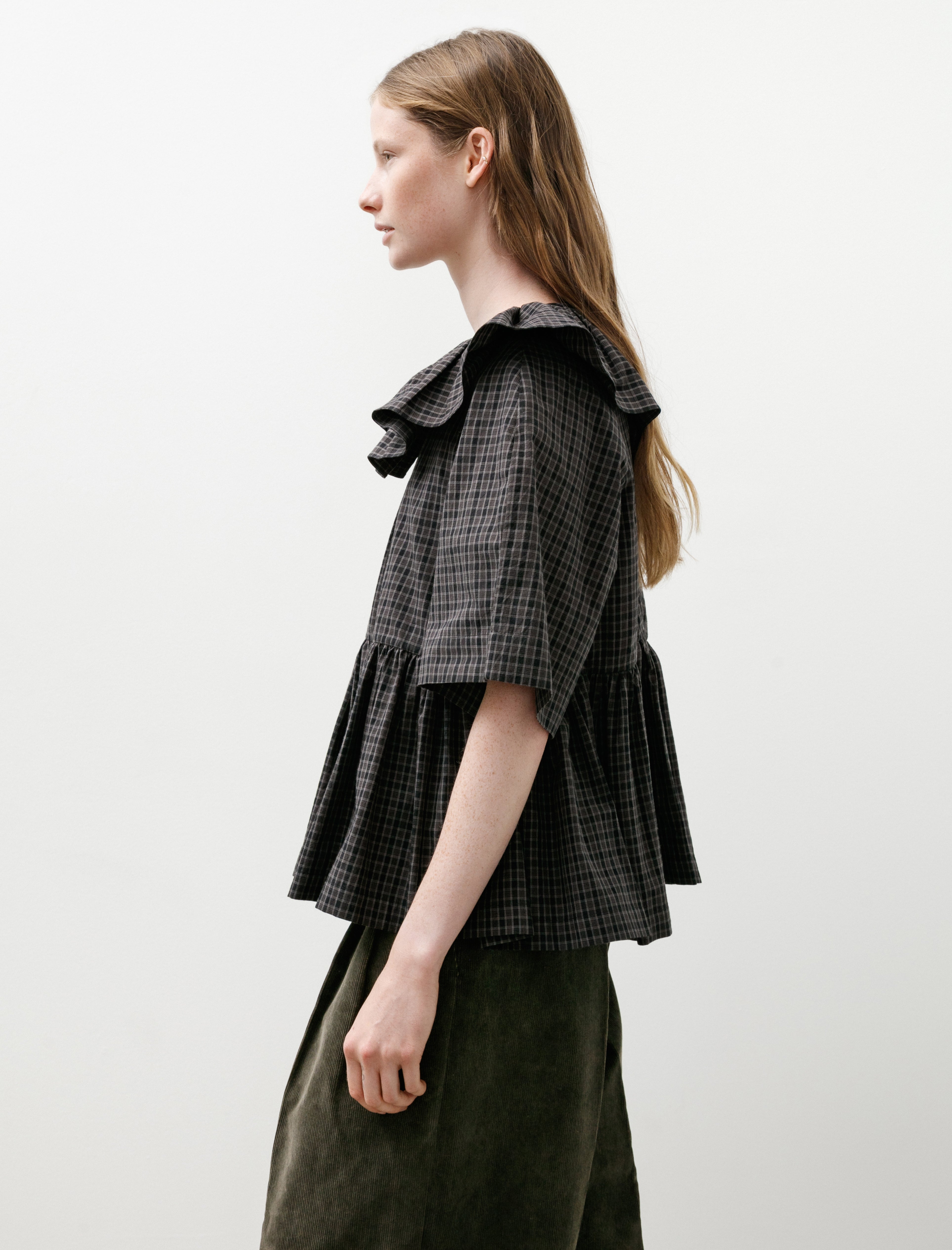 Cawley Japanese Cotton Check Washer Delilah Frill Top Ink/Smoke Check