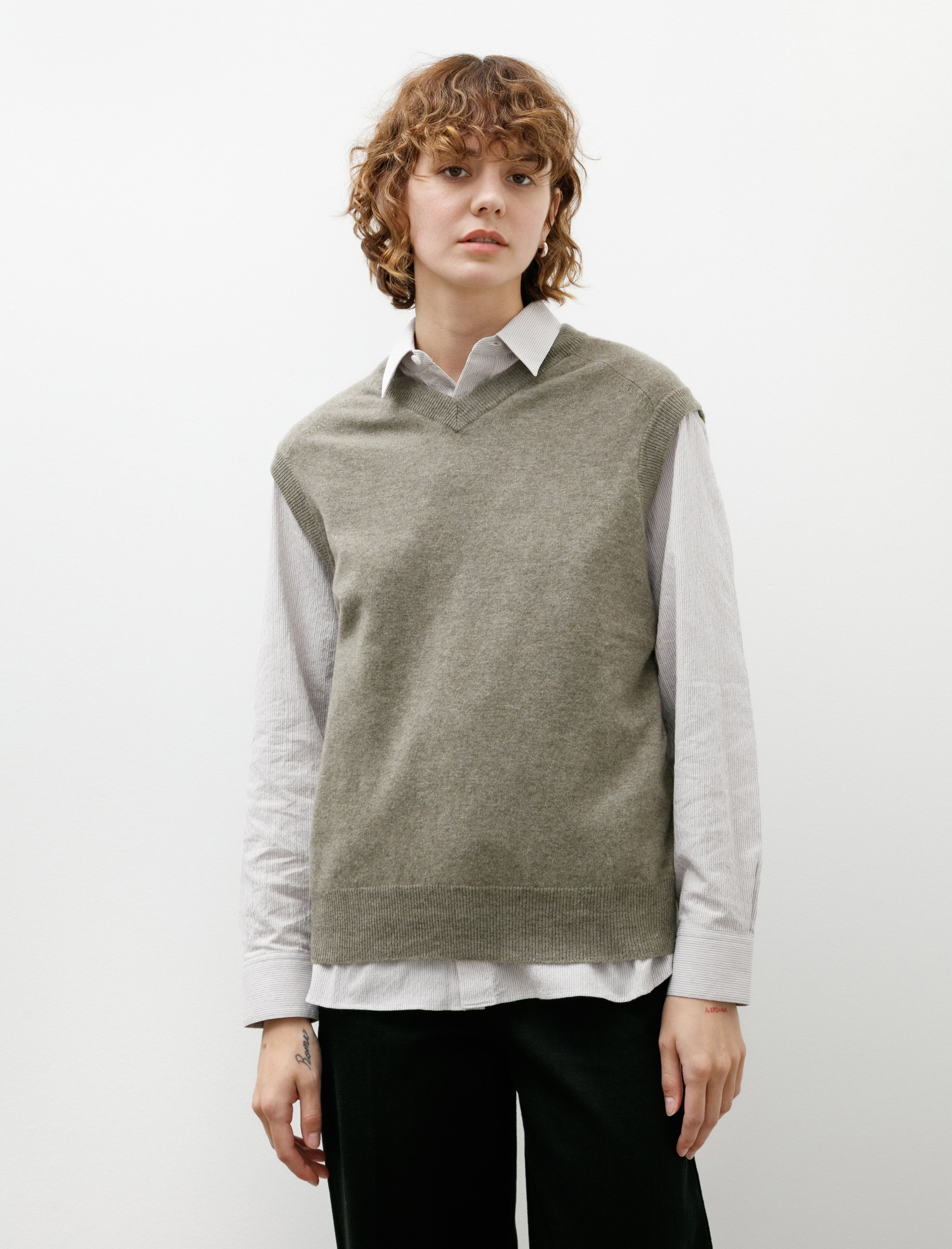 Cristaseya Oversized V Neck Flannel Gilet Light Khaki