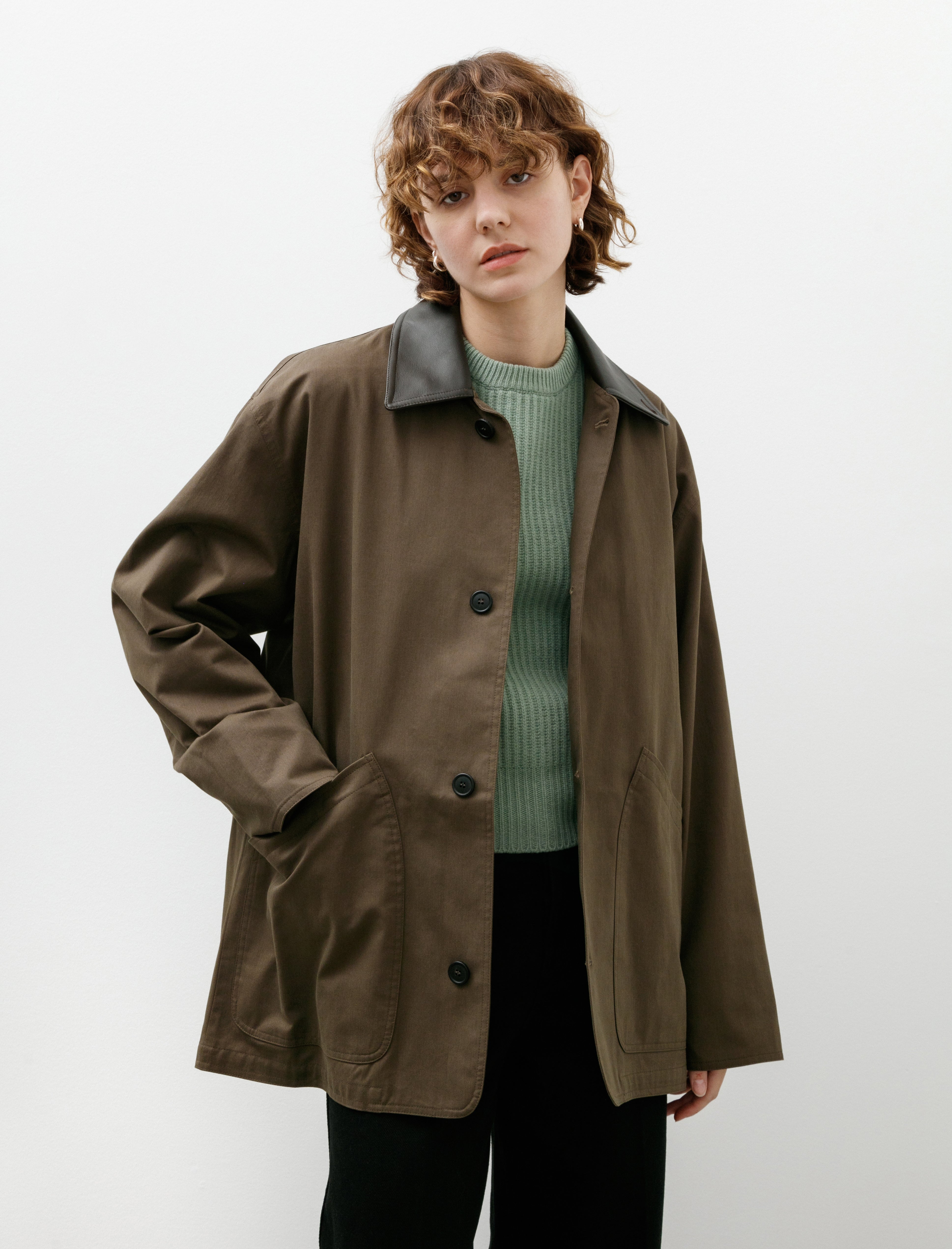 Cristaseya Oversized Blouson with Leather Collar Khaki