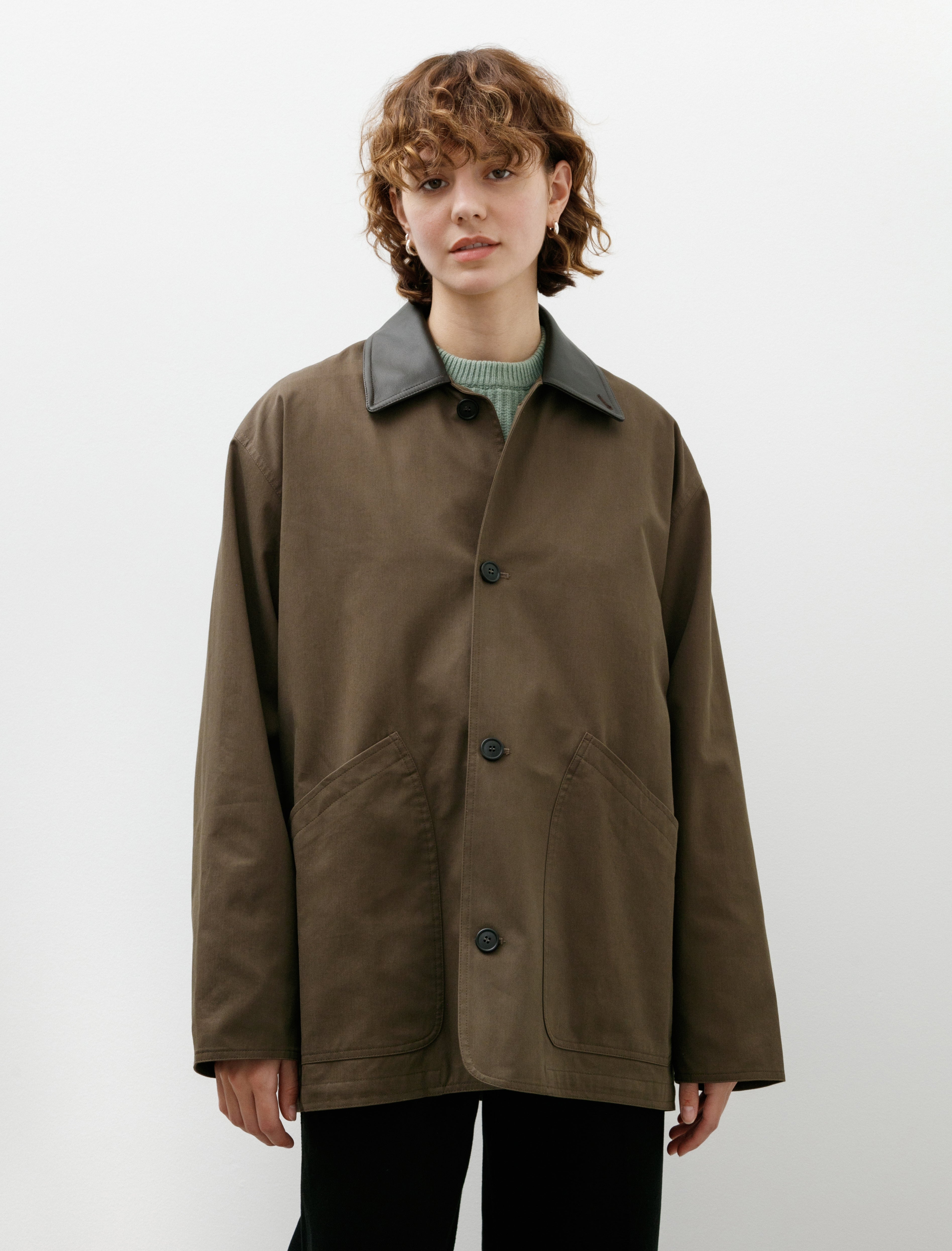 Cristaseya Oversized Blouson with Leather Collar Khaki