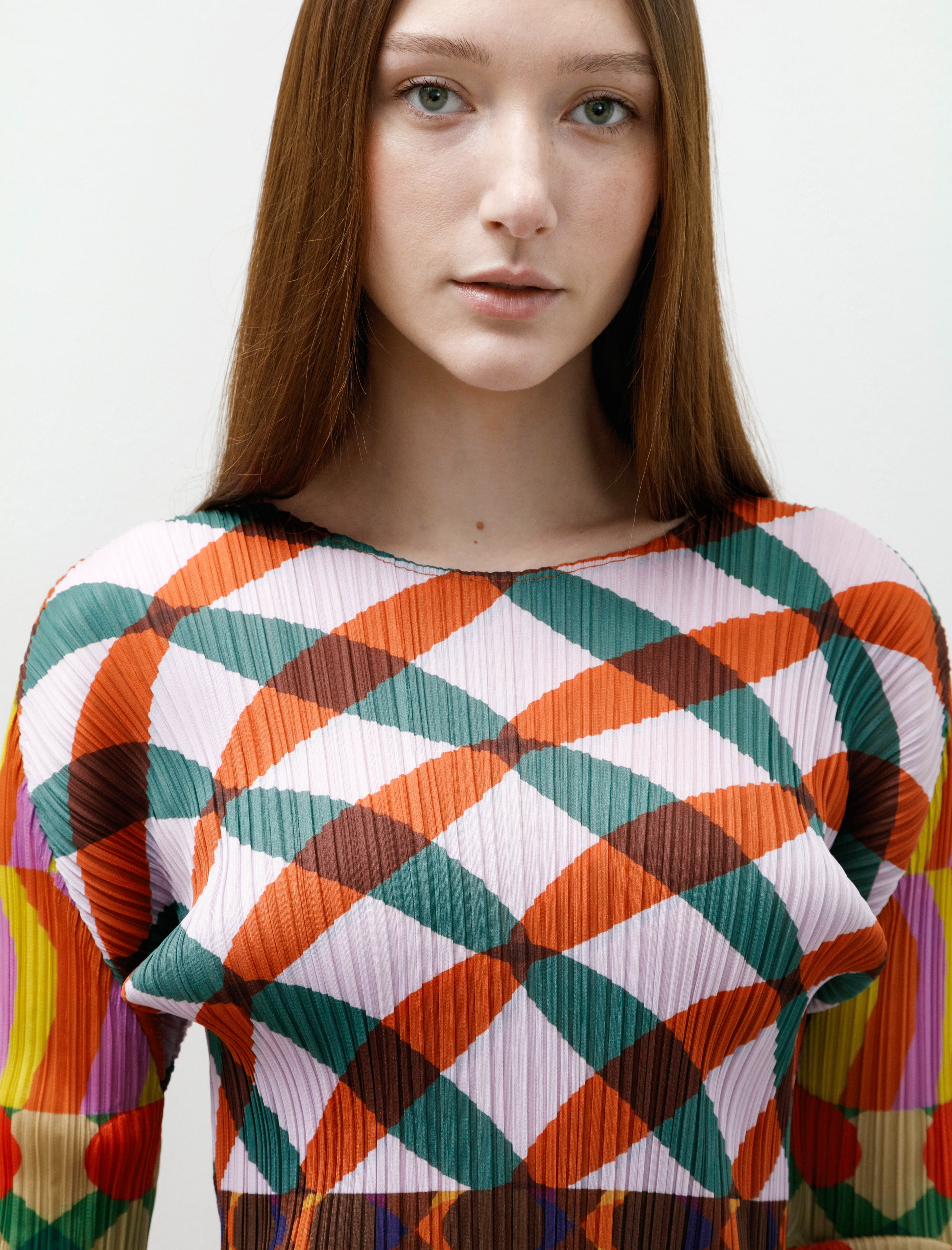 Pleats Please by Issey Miyake Harmony Printed Long Sleeve Top Pink Multi