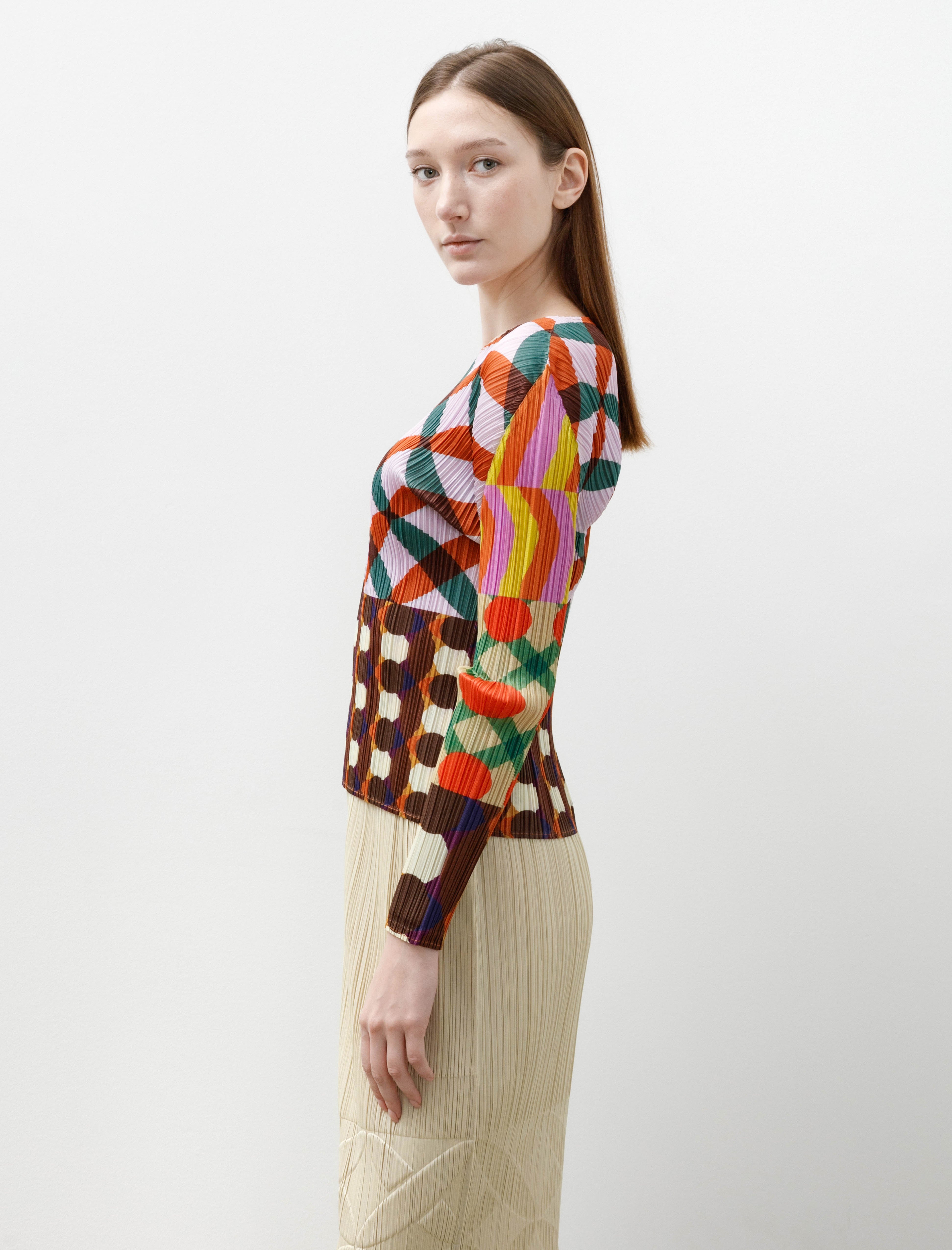 Pleats Please by Issey Miyake Harmony Printed Long Sleeve Top Pink Multi