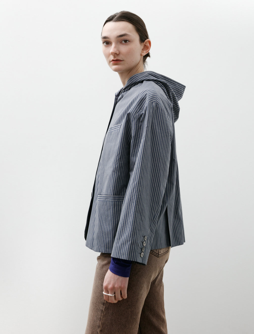 Cawley Japanese Typewriter Cotton Rory Hooded Shirt Navy/Camel
