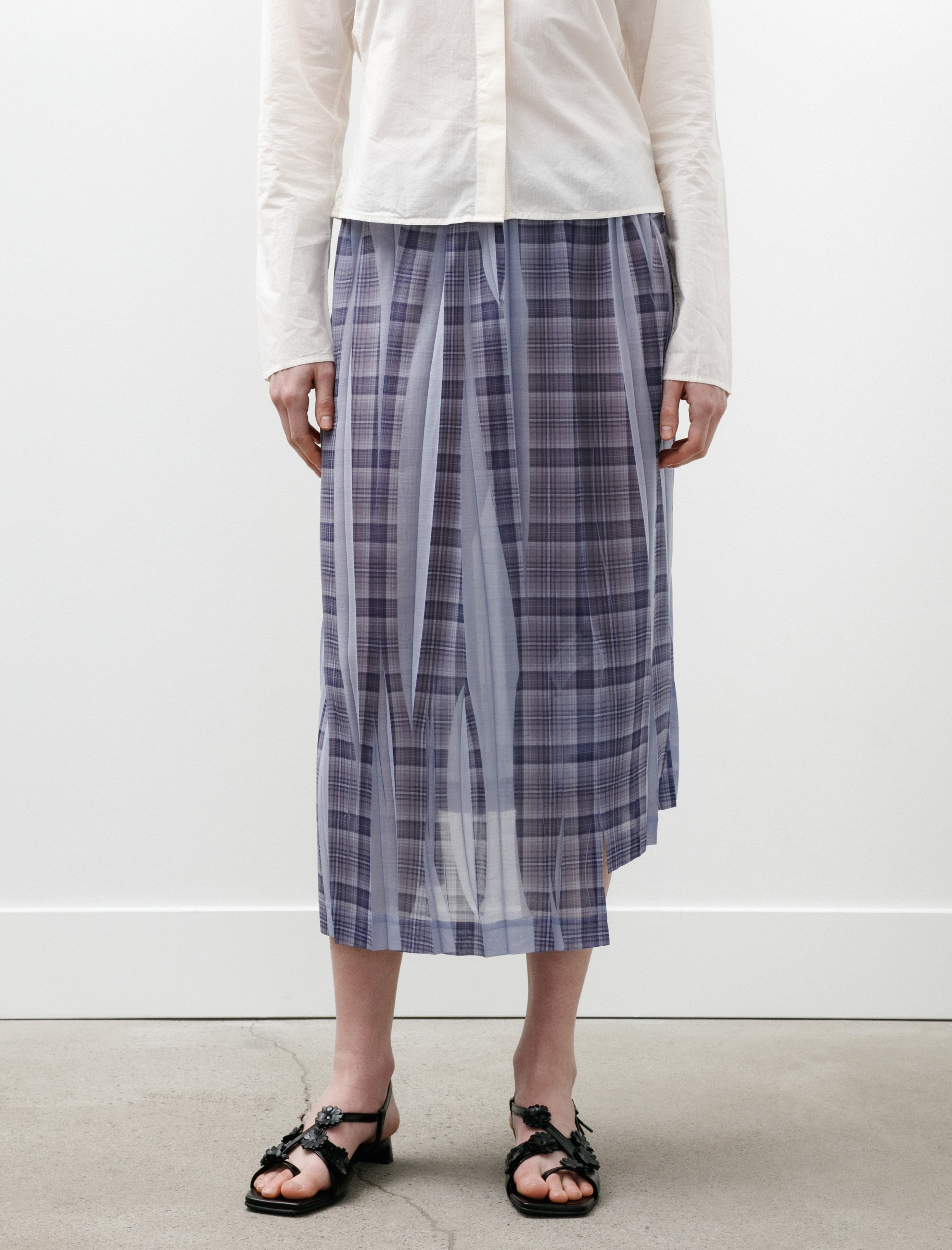 Y's by Yohji Yamamoto Pleat Printed Plaid Skirt Light Blue