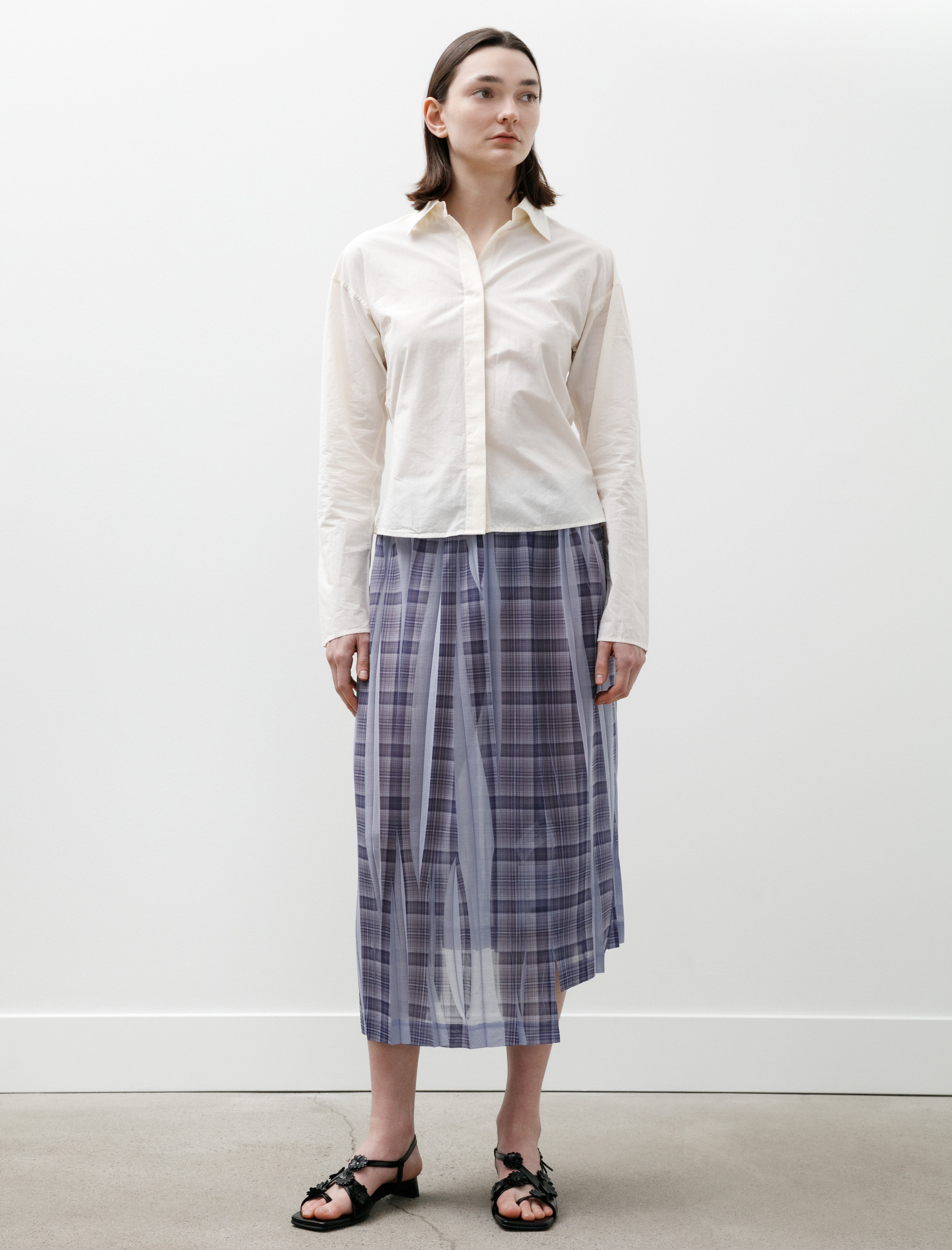 Y's by Yohji Yamamoto Pleat Printed Plaid Skirt Light Blue