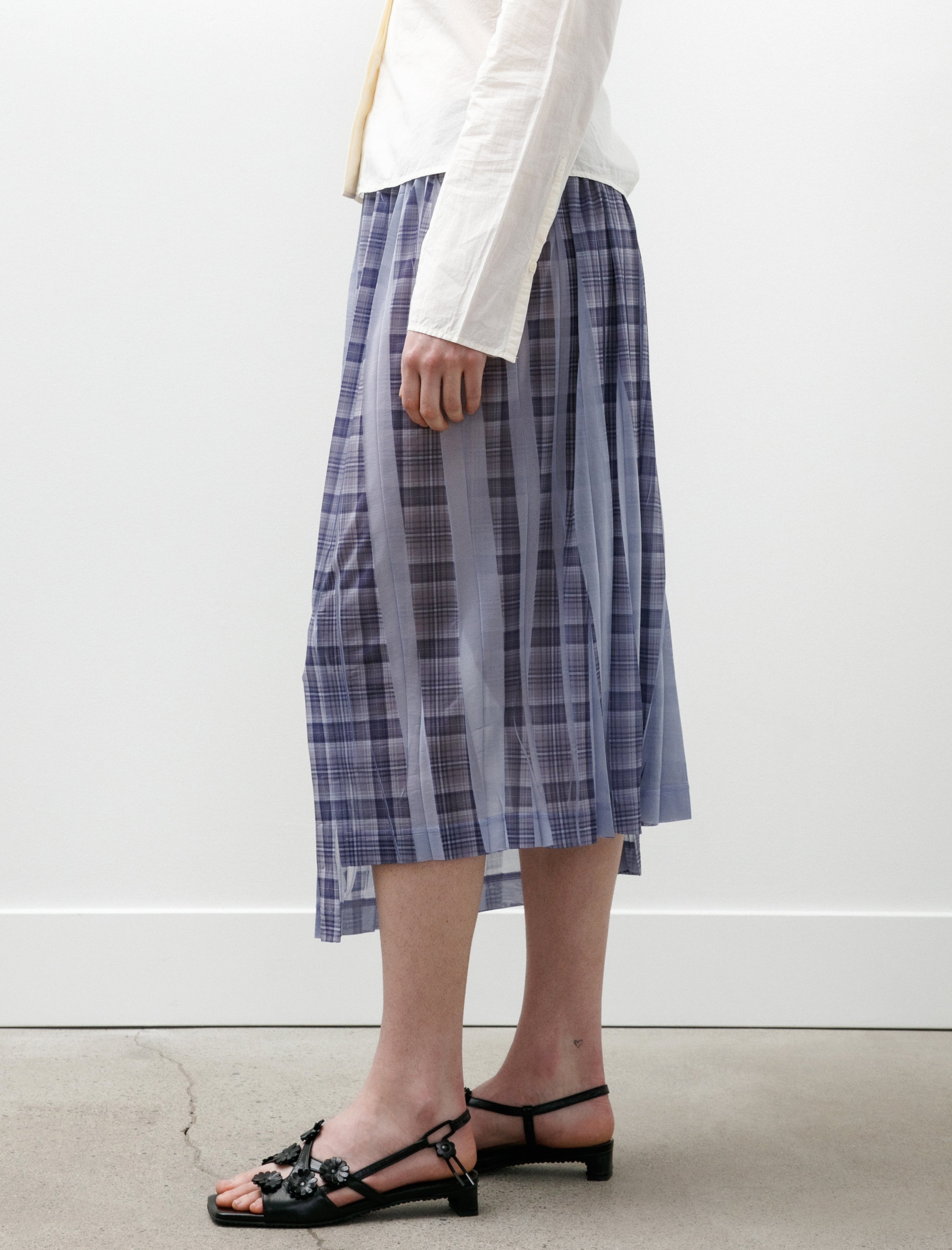 Y's by Yohji Yamamoto Pleat Printed Plaid Skirt Light Blue