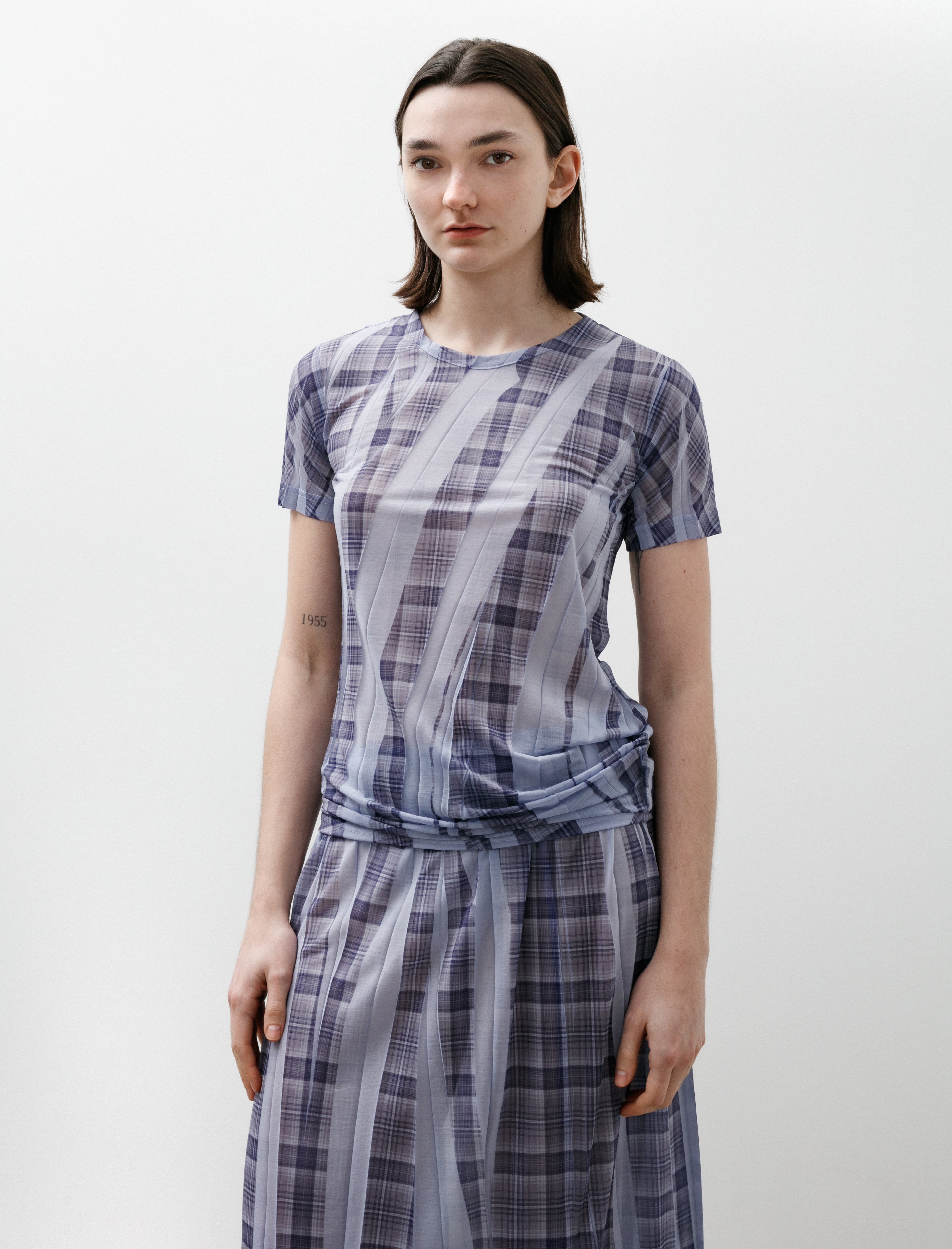 Y's by Yohji Yamamoto Side Drape Printed Plaid T-Shirt Light Blue