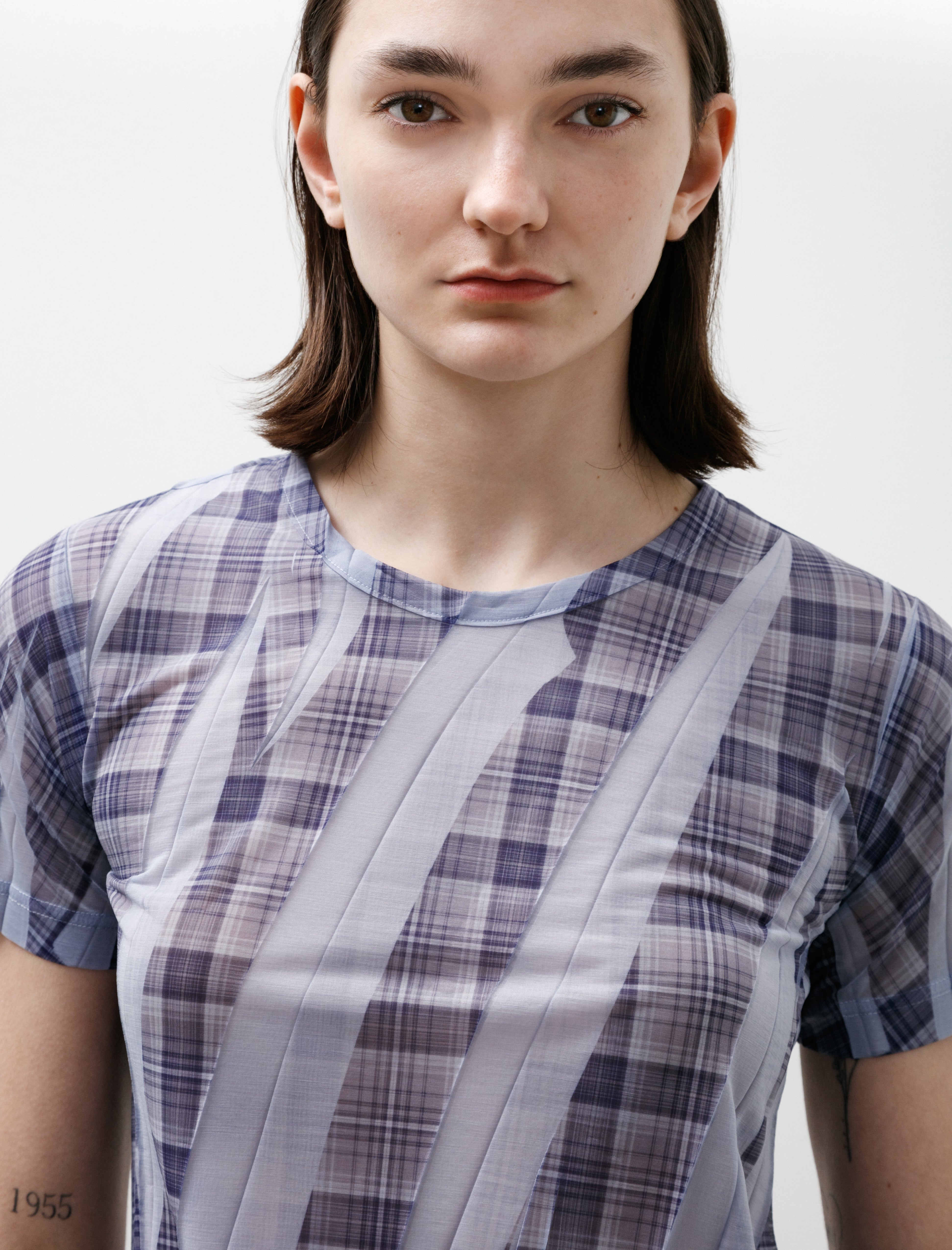 Y's by Yohji Yamamoto Side Drape Printed Plaid T-Shirt Light Blue