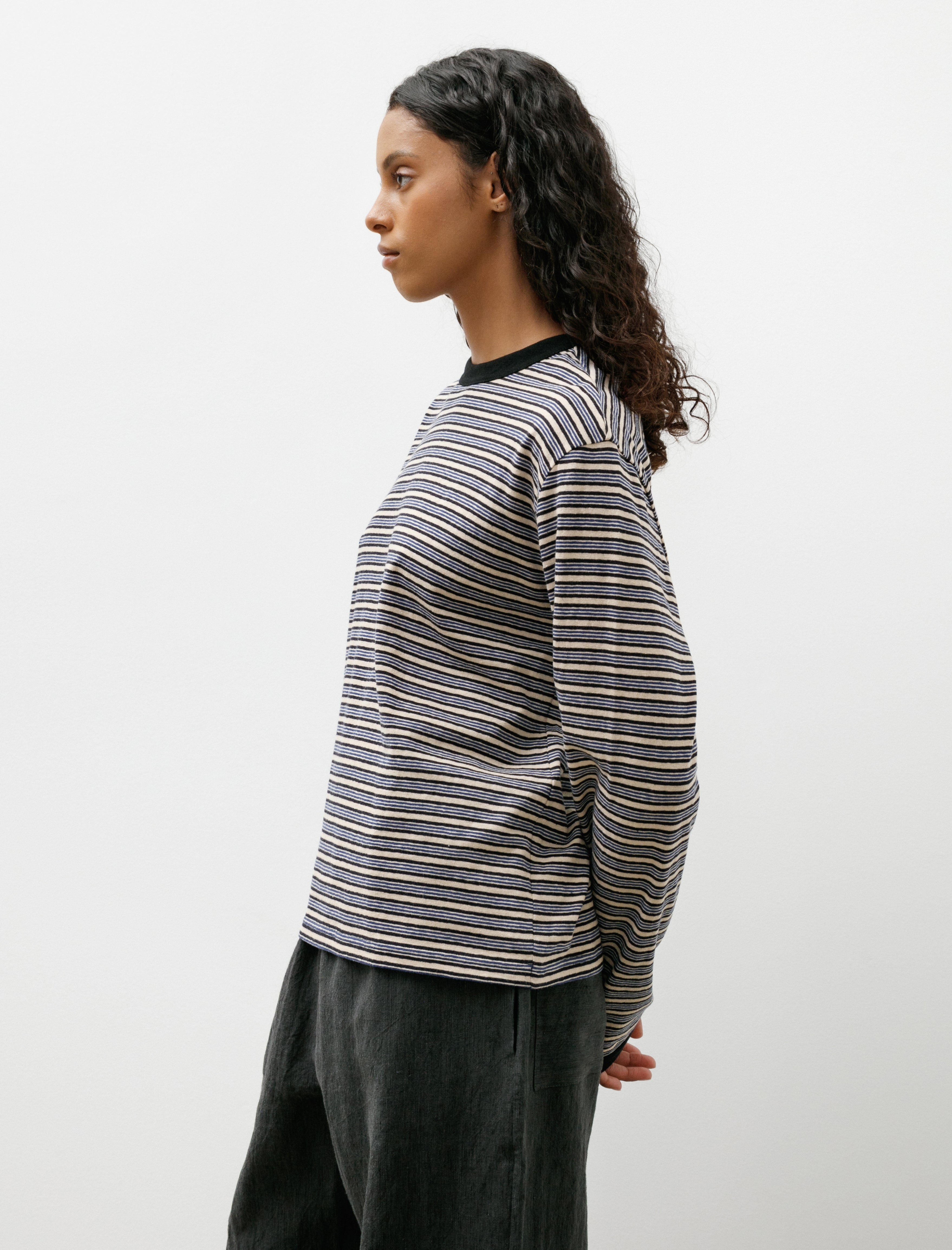 Japanese Striped Jersey Long Sleeve T-Shirt Blue Stripe