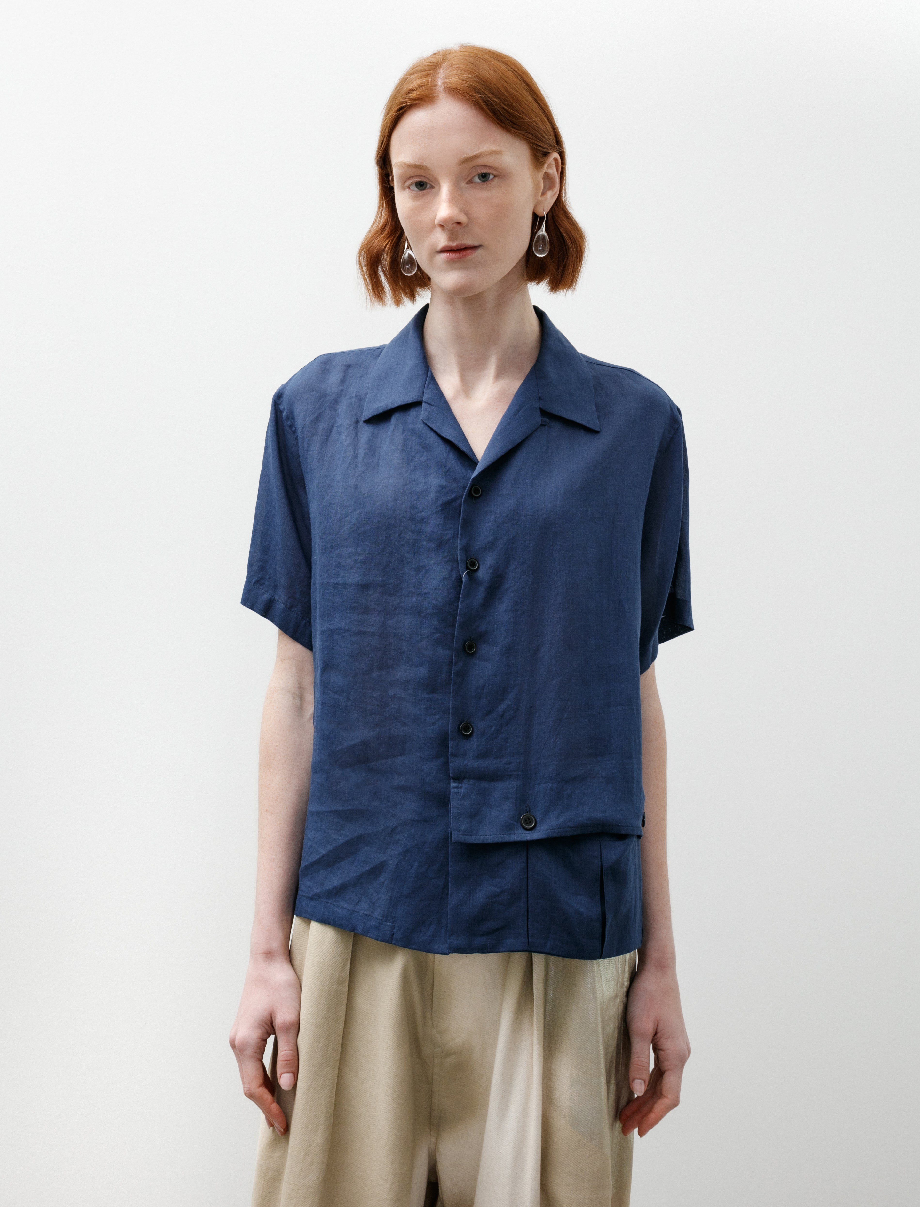 Y's by Yohji Yamamoto Open Collar Short Sleeve Blouse Navy