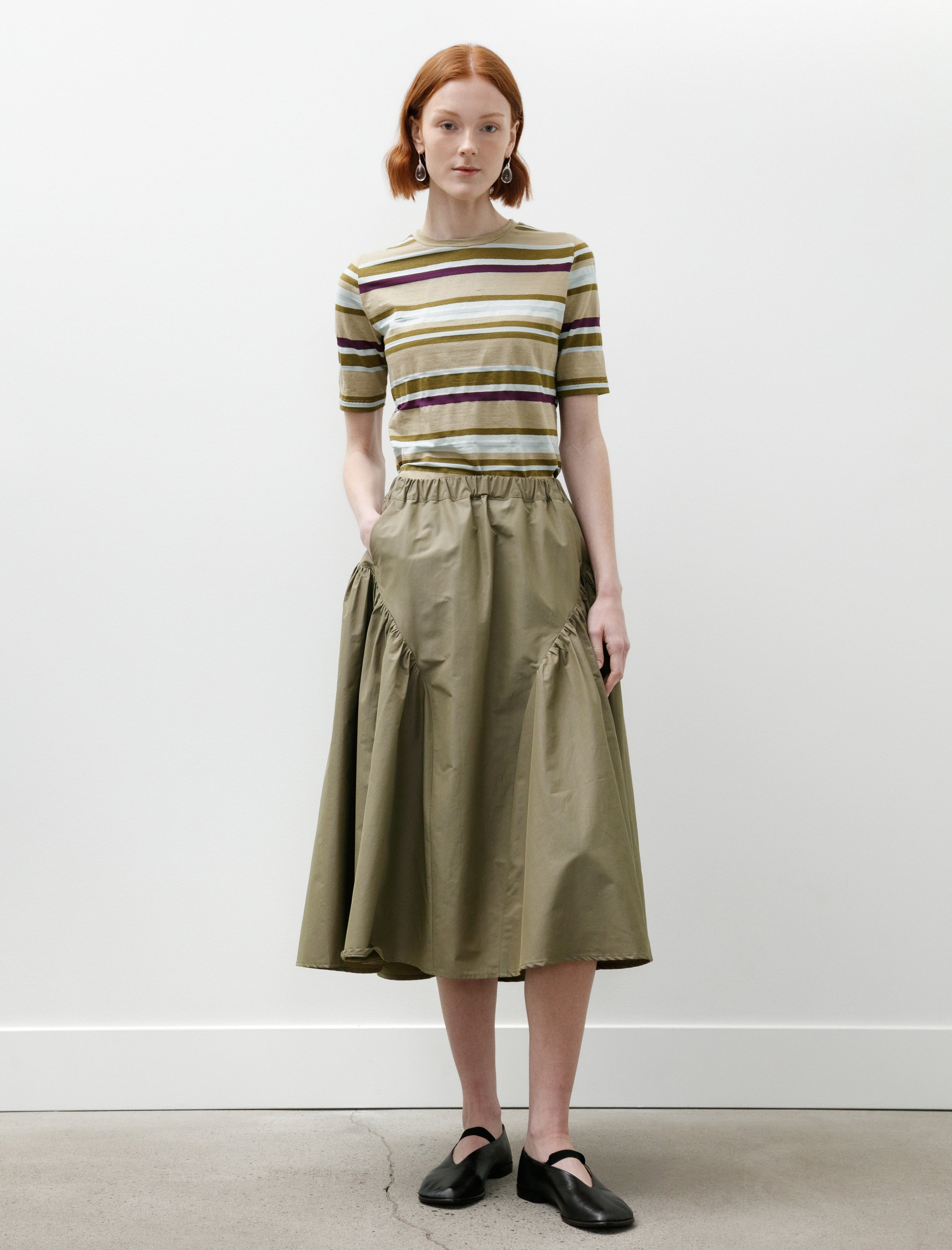 Wanze Easy Gathered Skirt Cotton Nylon Khaki Green