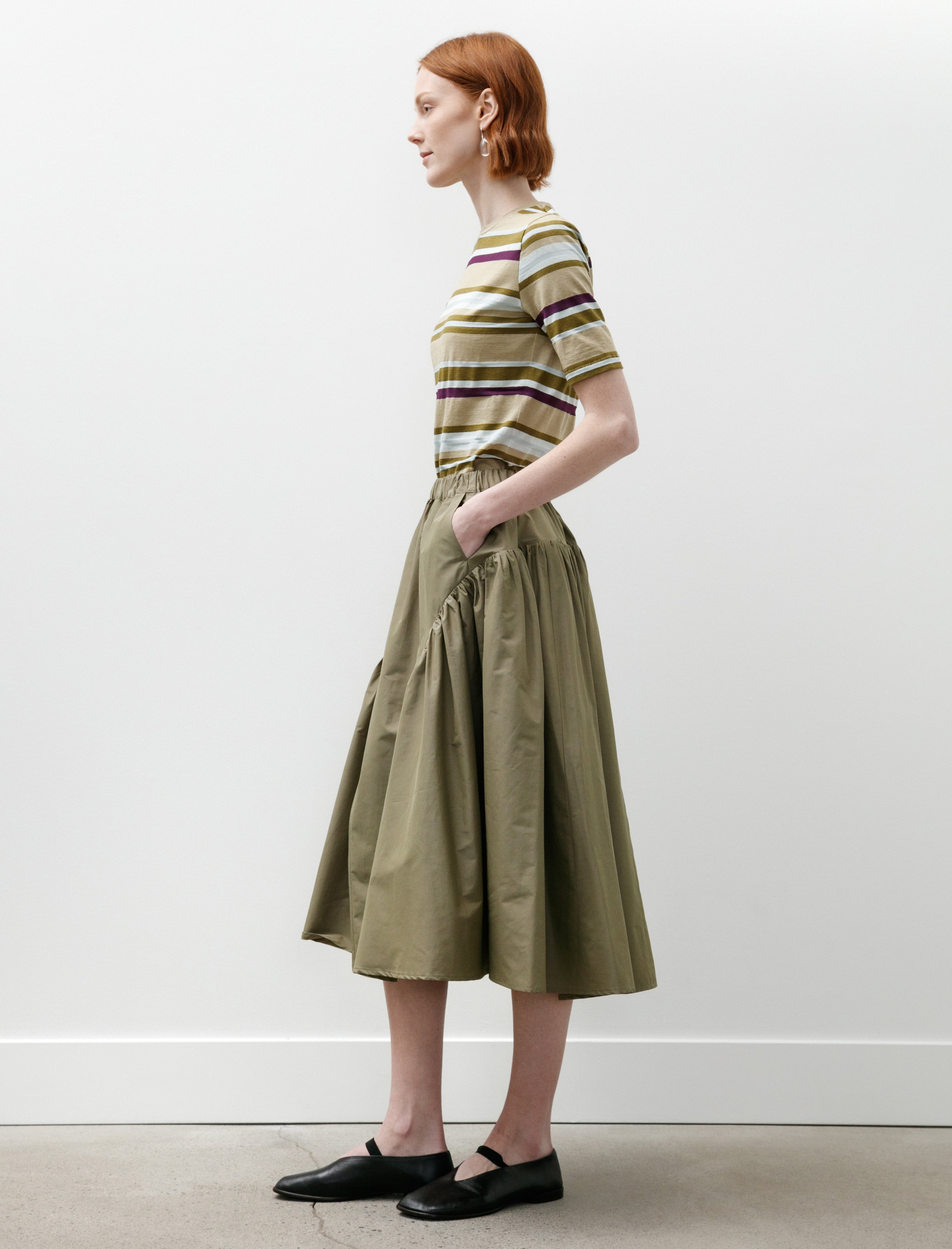 Wanze Easy Gathered Skirt Cotton Nylon Khaki Green