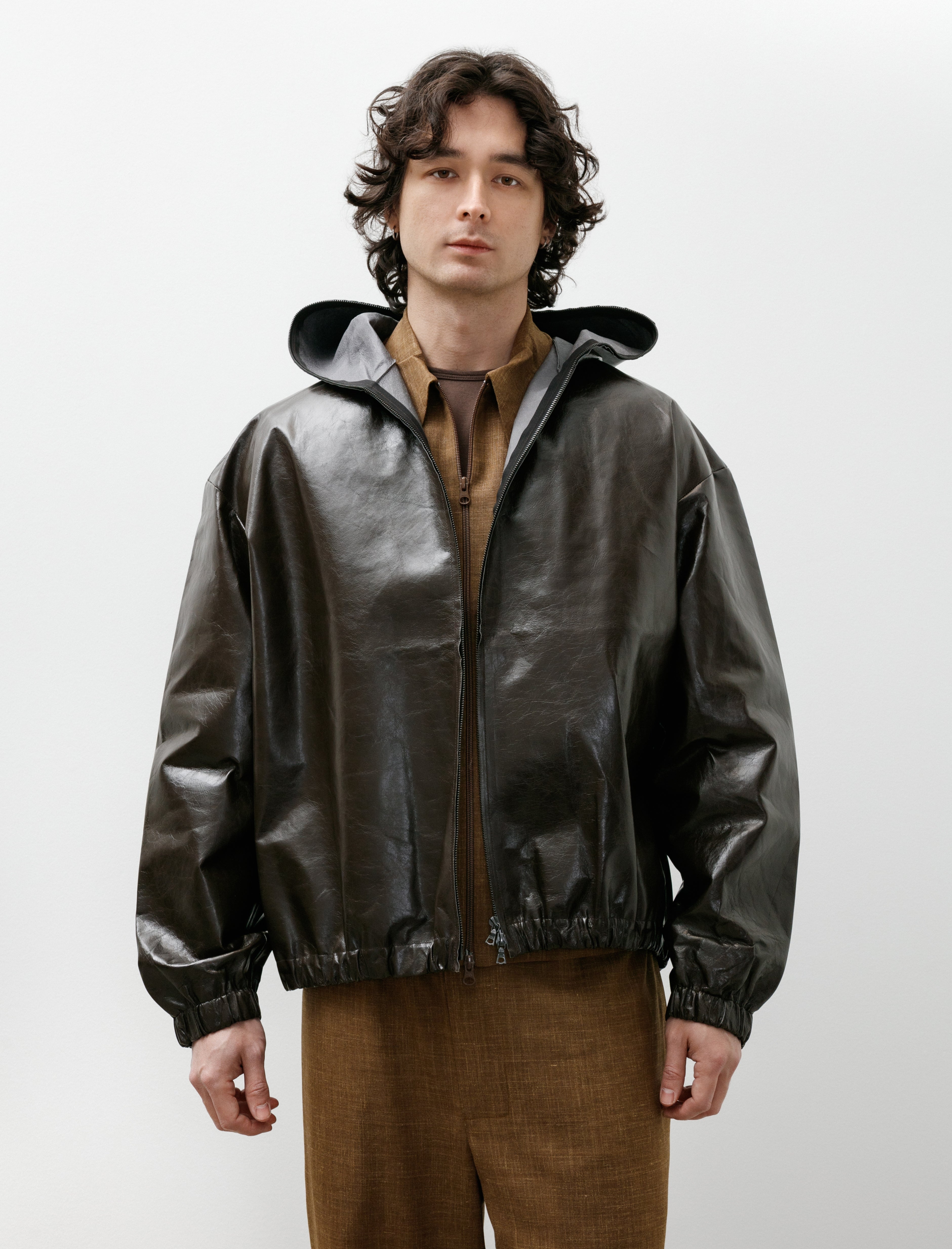 Gabriela Coll No.216 Leather Hooded Zipper Jacket Dark Brown