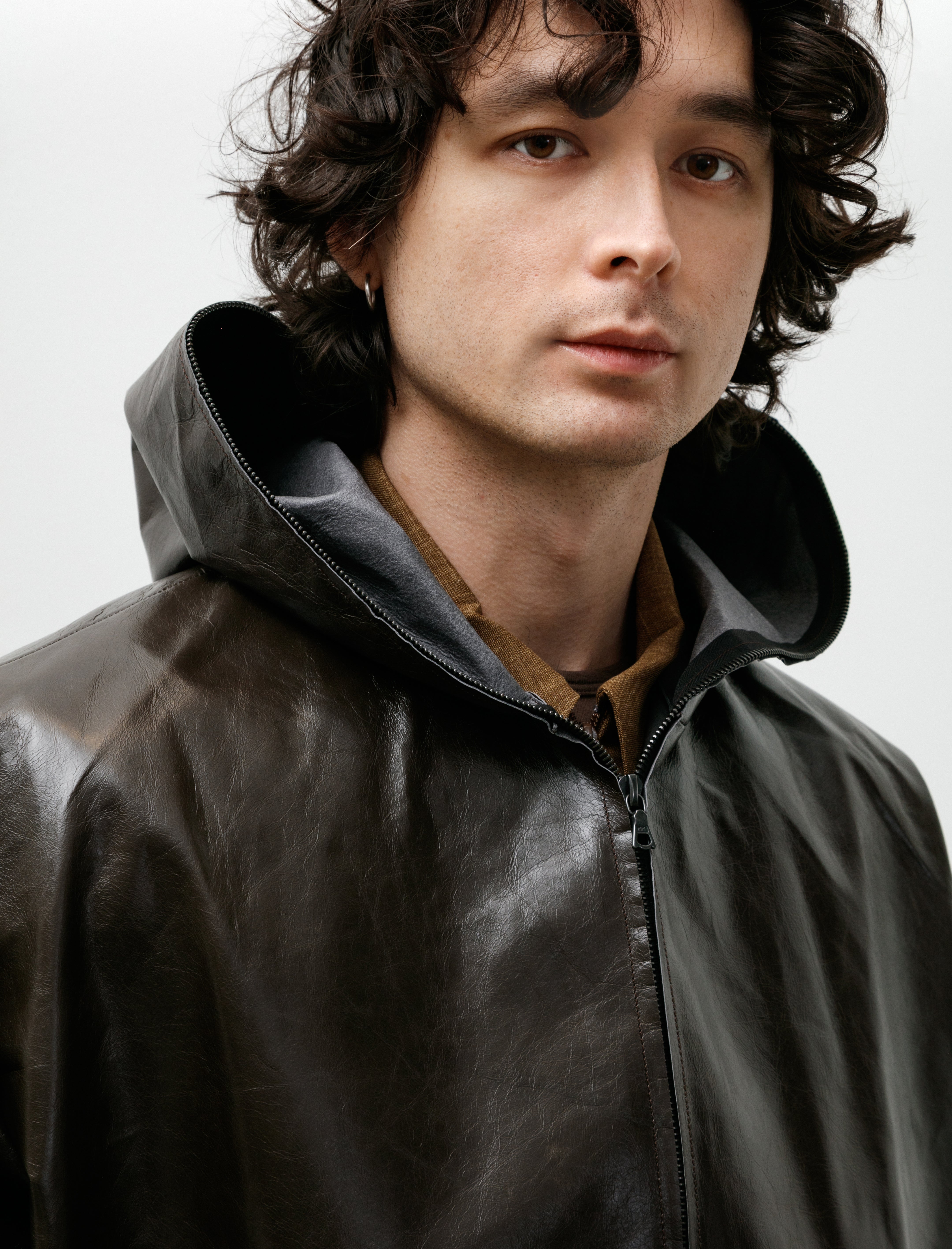 Gabriela Coll No.216 Leather Hooded Zipper Jacket Dark Brown